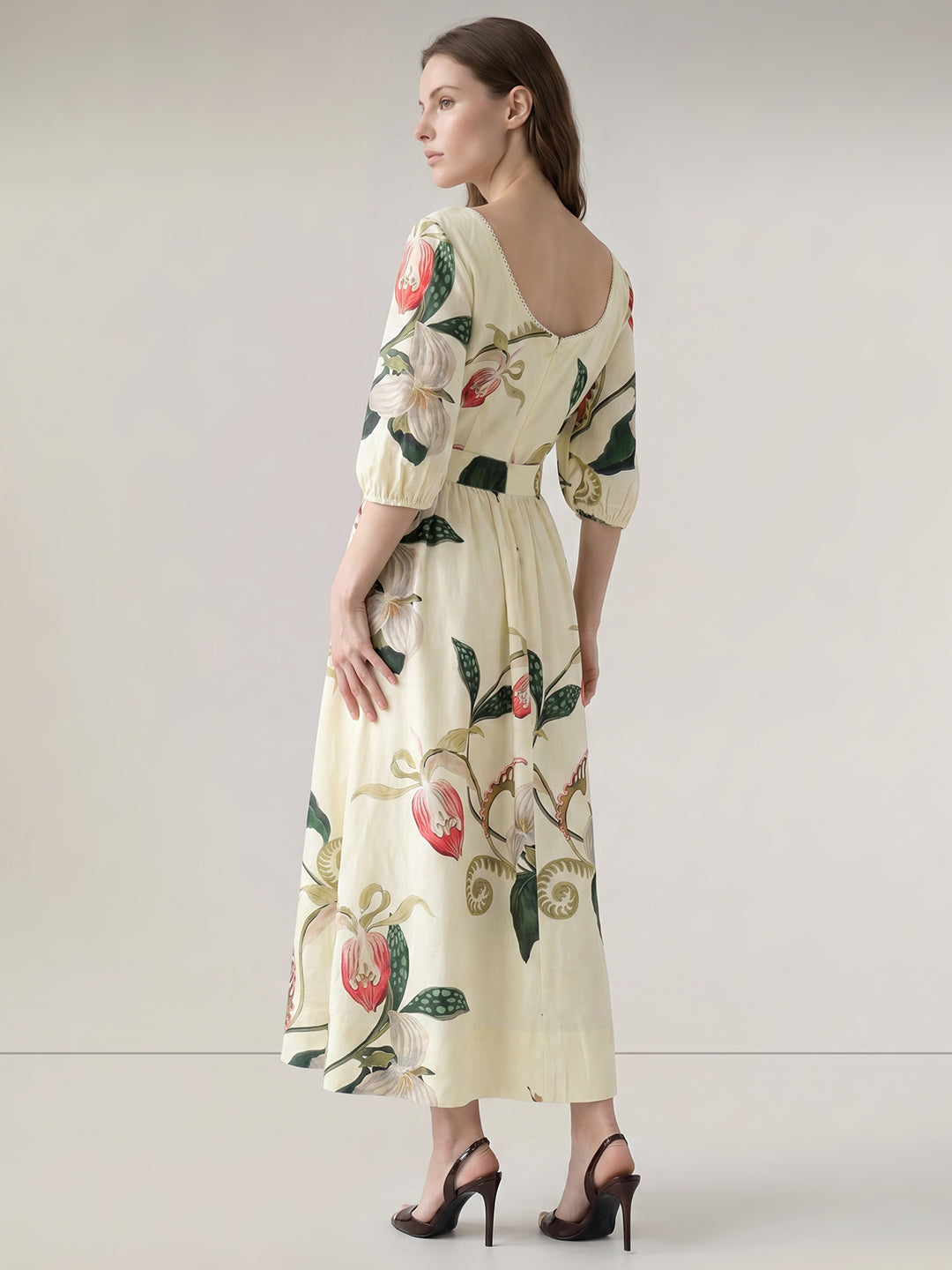 Ecru Floral Print Midaxi Dress