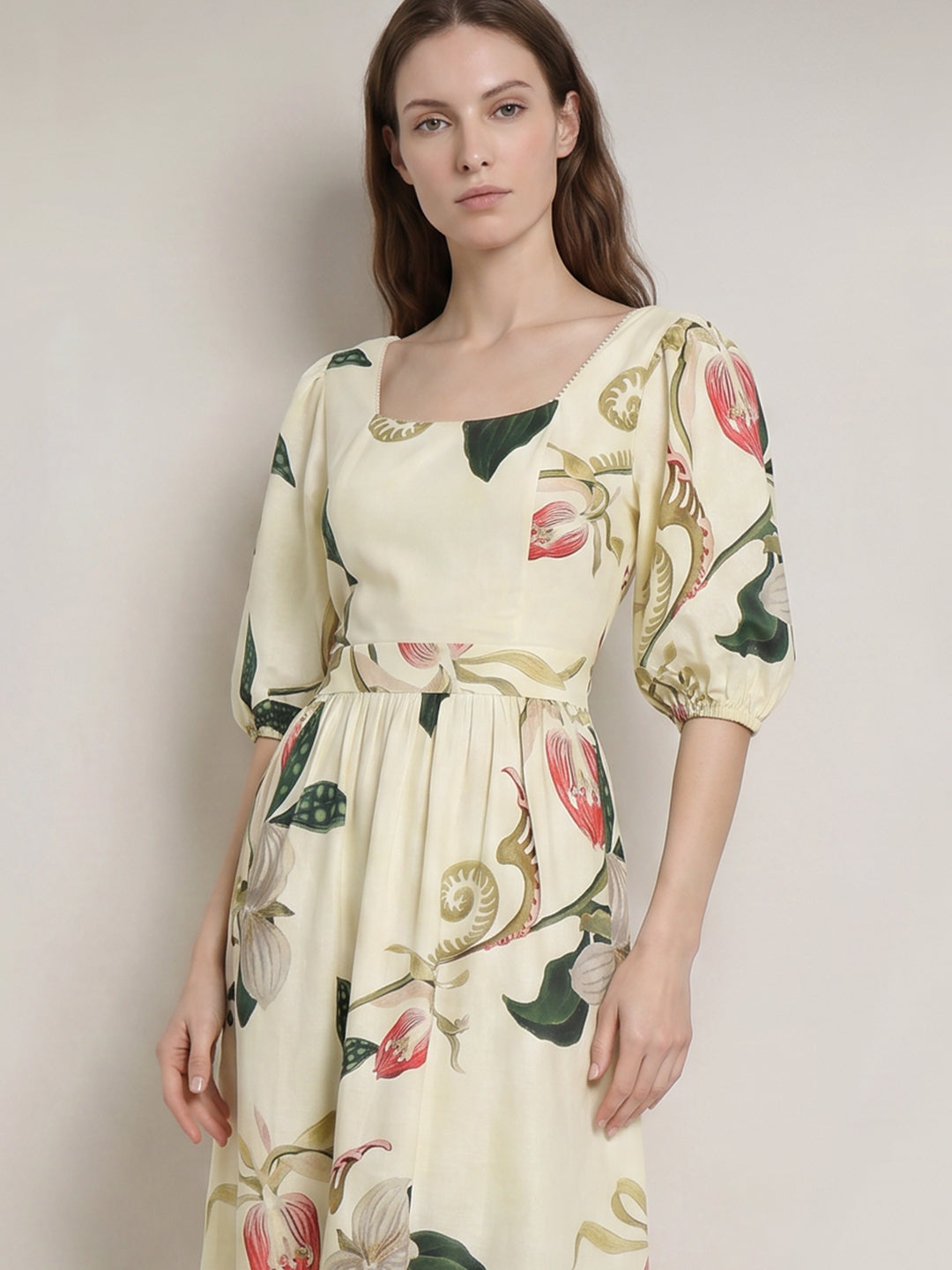 Ecru Floral Print Midaxi Dress