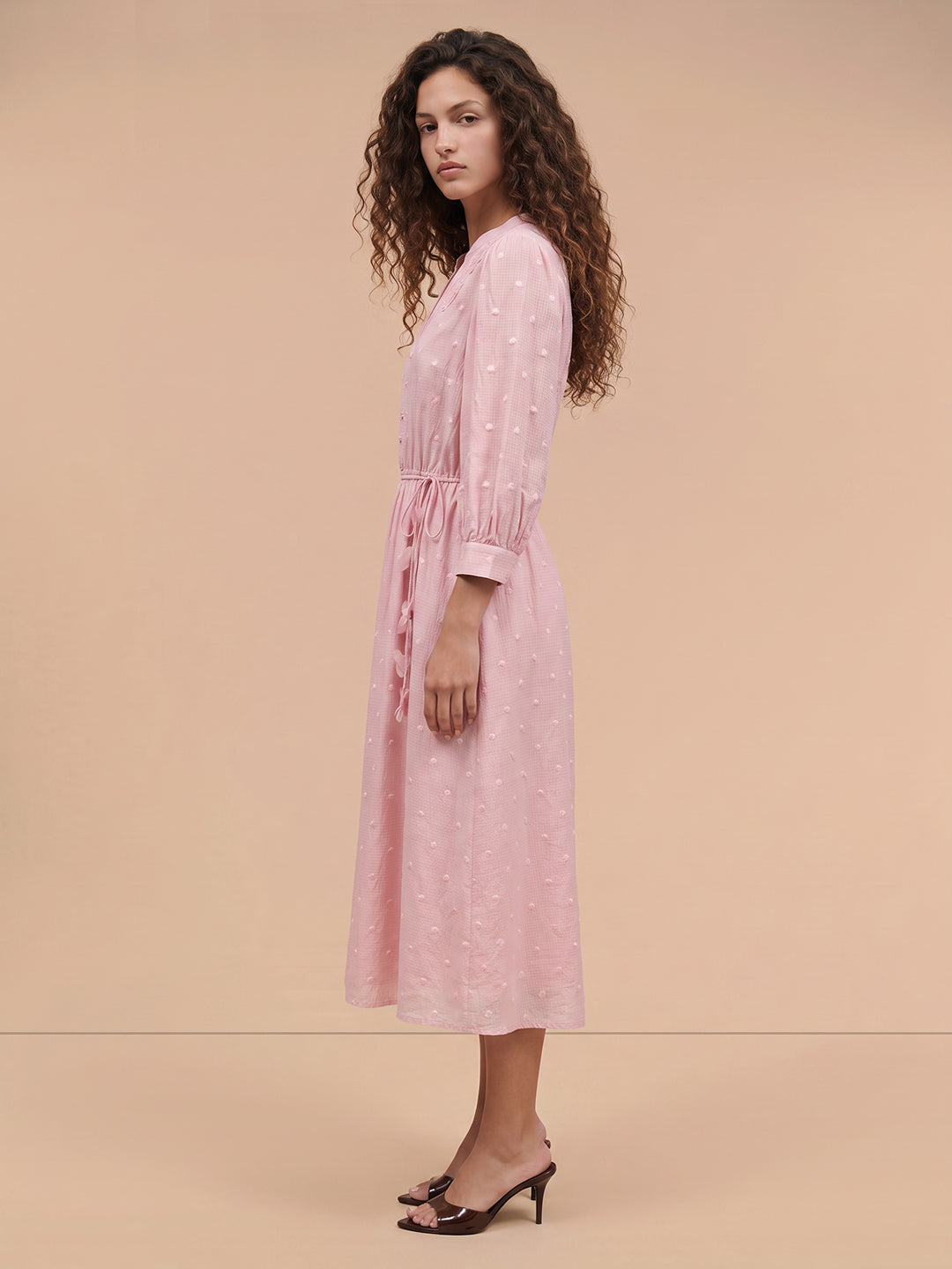 Pink Floral Textured Midi Dress