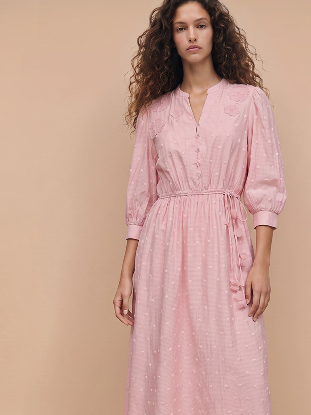Pink Floral Textured Midi Dress