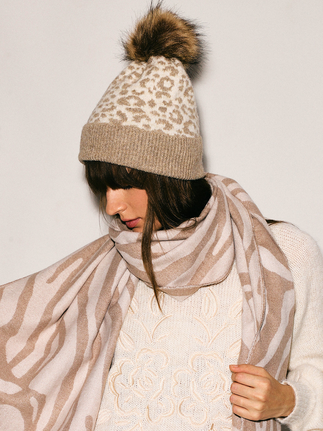 Beige Print Knitted Beanie