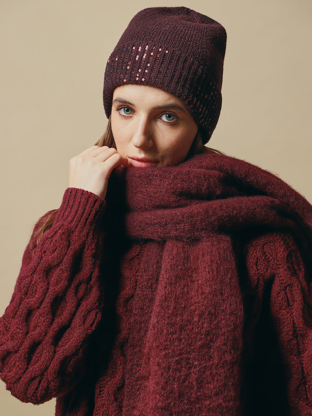 Burgundy Sequin Detail Beanie