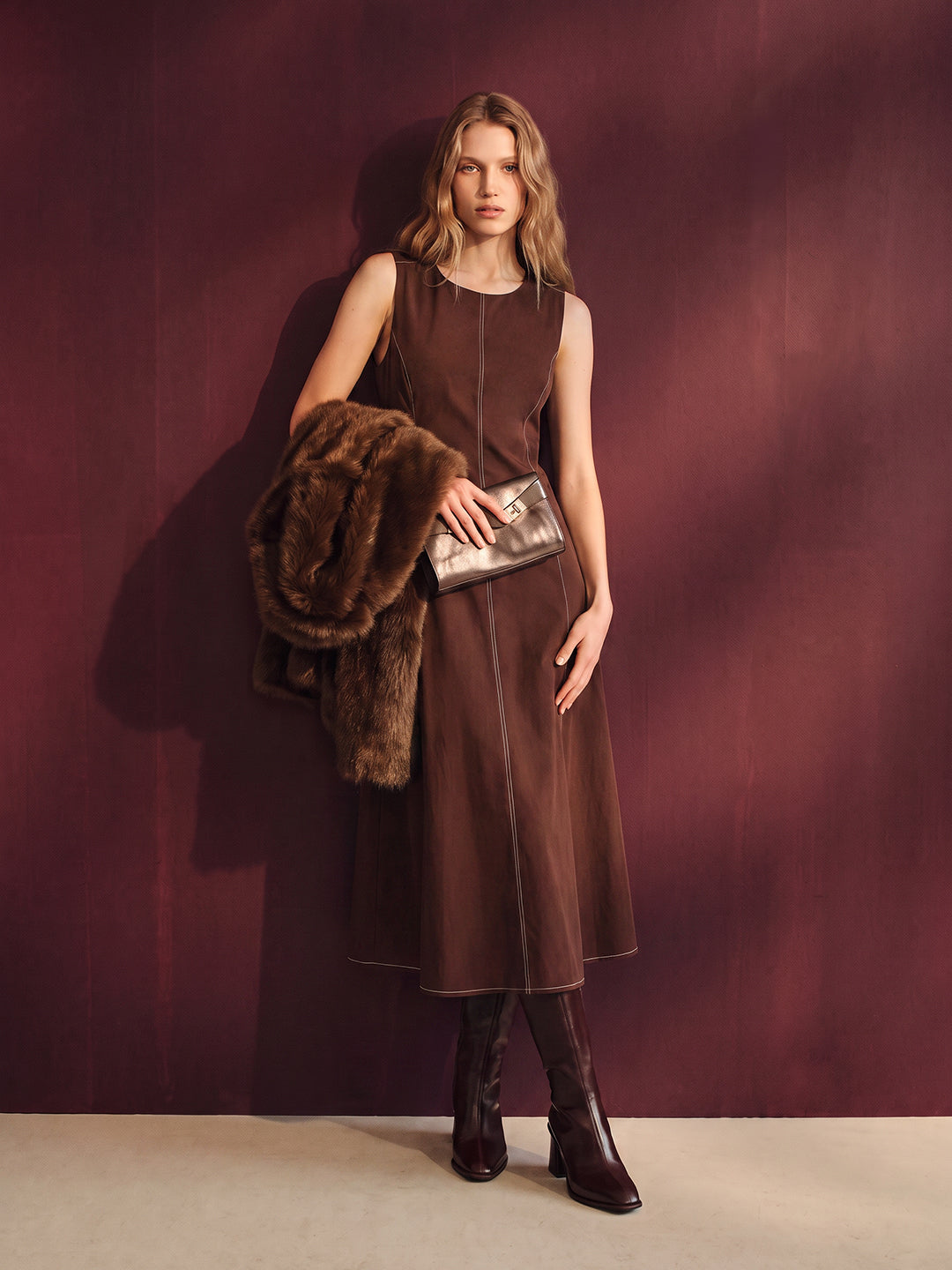 Brown Sleeveless Midi Dress