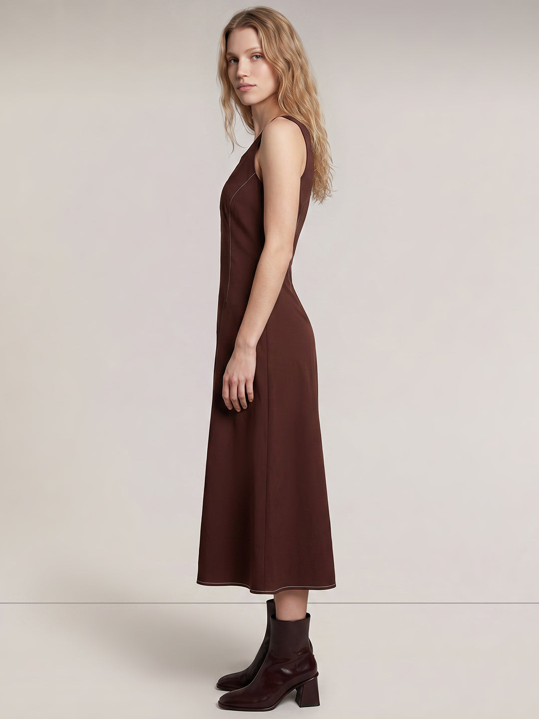 Brown Sleeveless Midi Dress