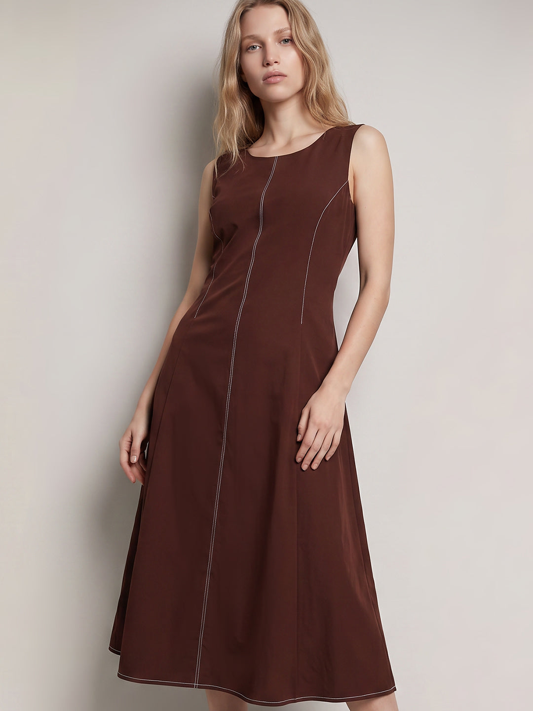 Brown Sleeveless Midi Dress