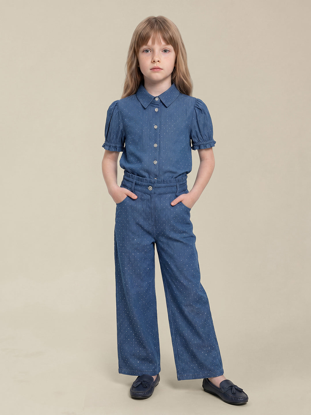 GIRLS Blue Embellished Wide Leg Pants