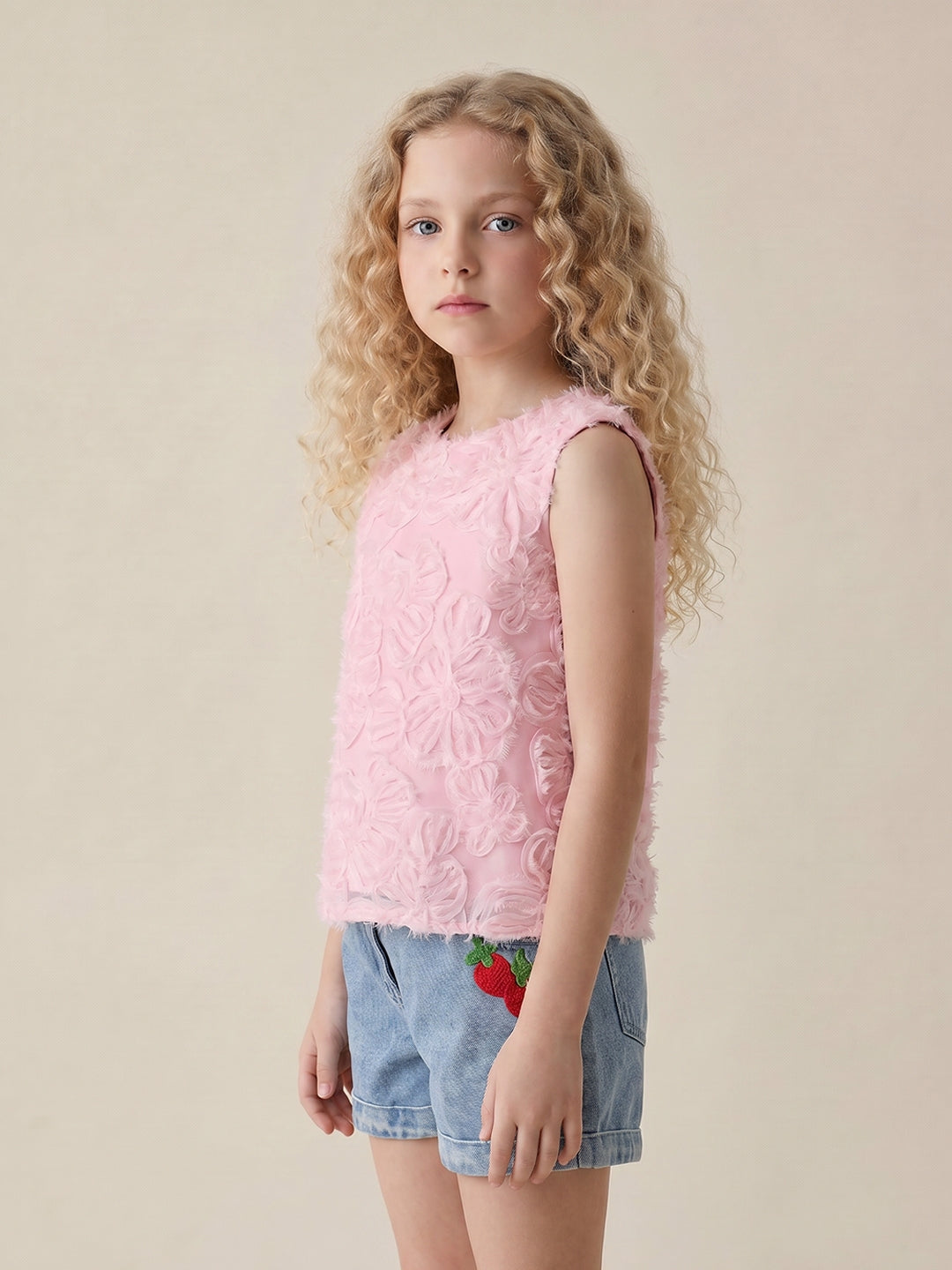 GIRLS Pink 3D floral appliqué Top