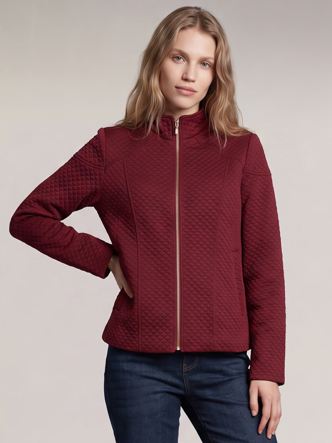 Red High Neck Quilted Jacket