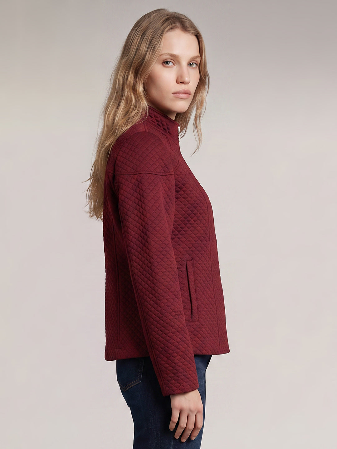 Red High Neck Quilted Jacket