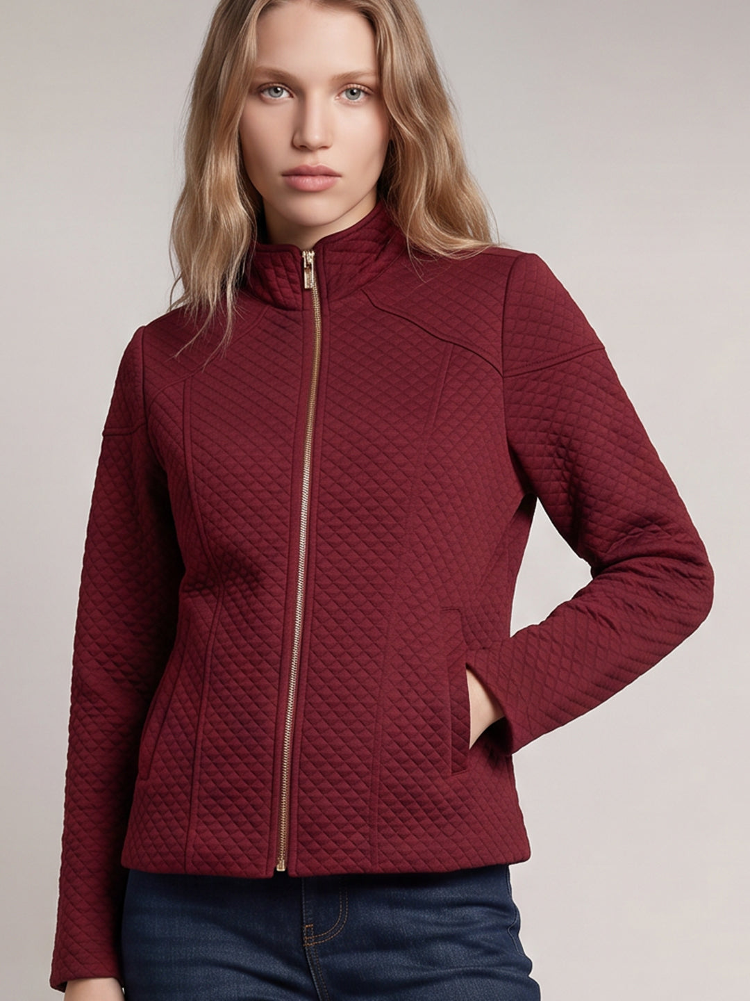 Red High Neck Quilted Jacket