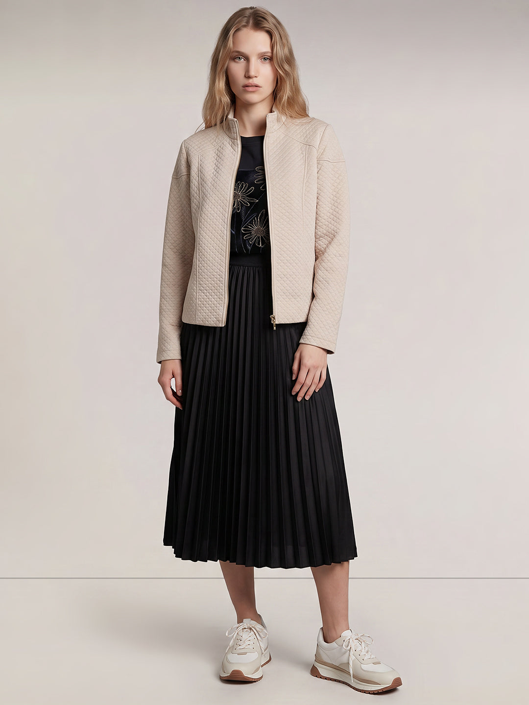 Beige High Neck Quilted Jacket