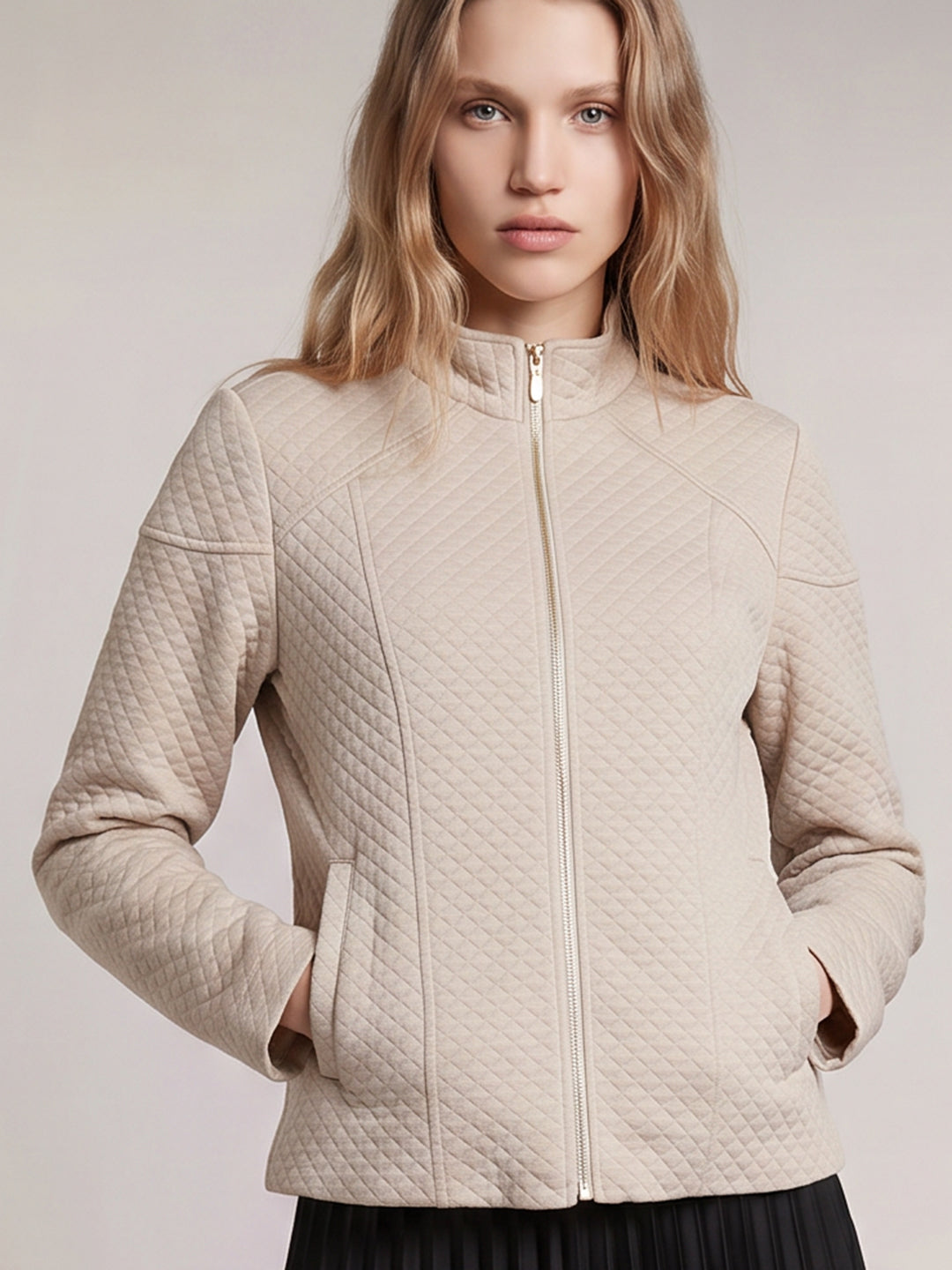Beige High Neck Quilted Jacket