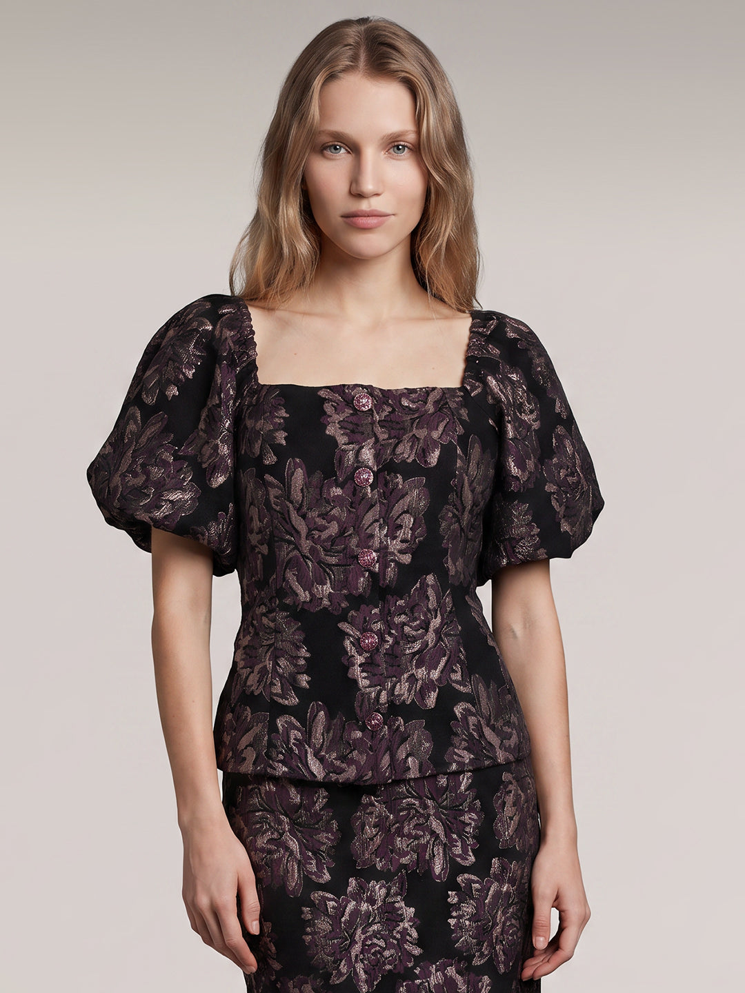 Floral Jacquard Puff Sleeve Top