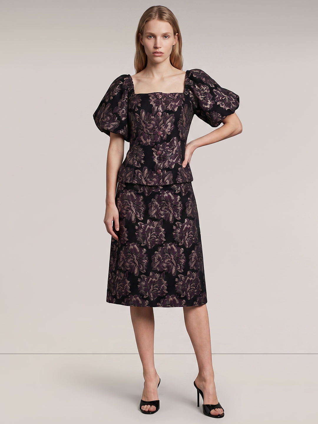 Floral Jacquard Puff Sleeve Top