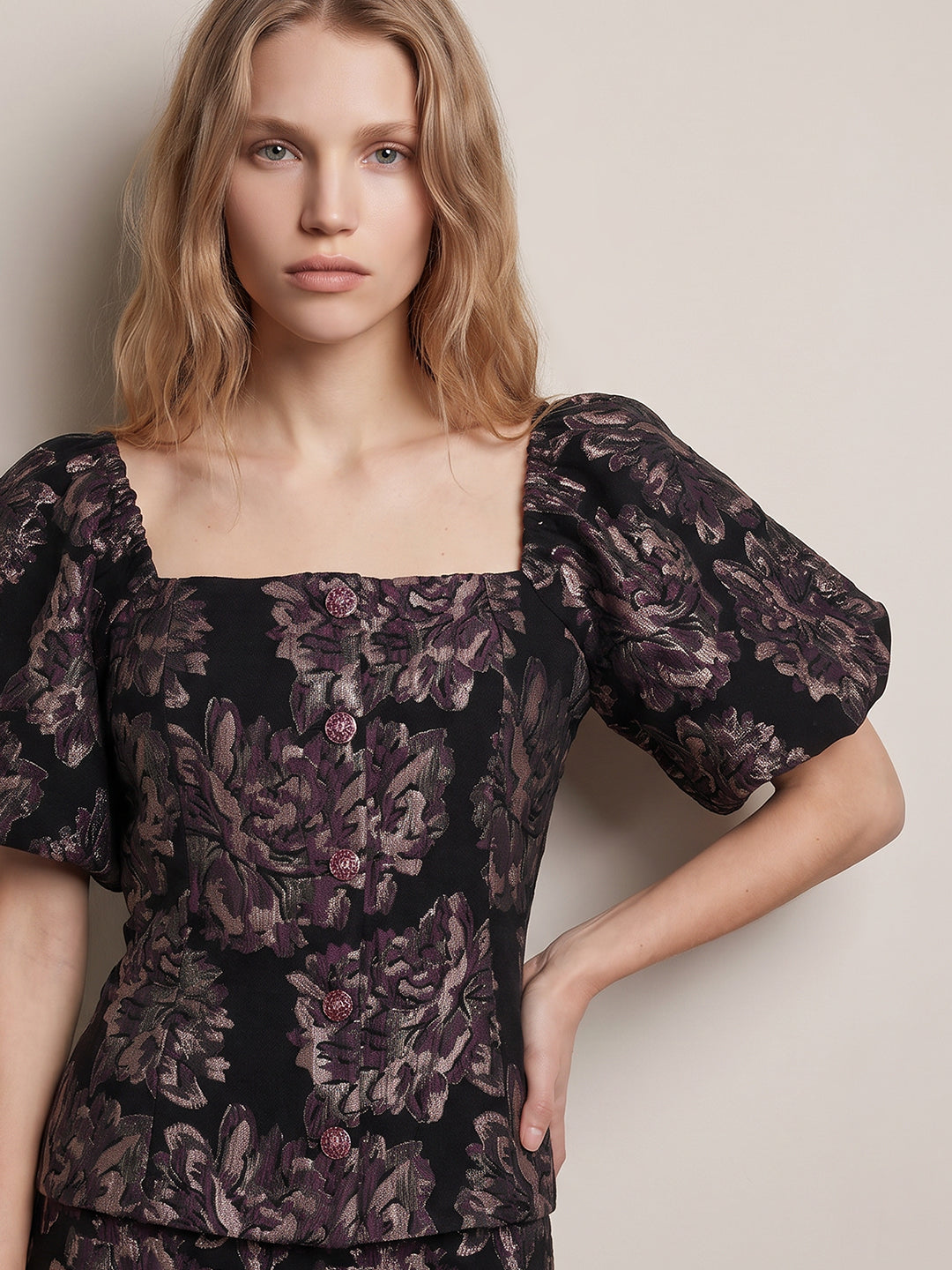 Floral Jacquard Puff Sleeve Top