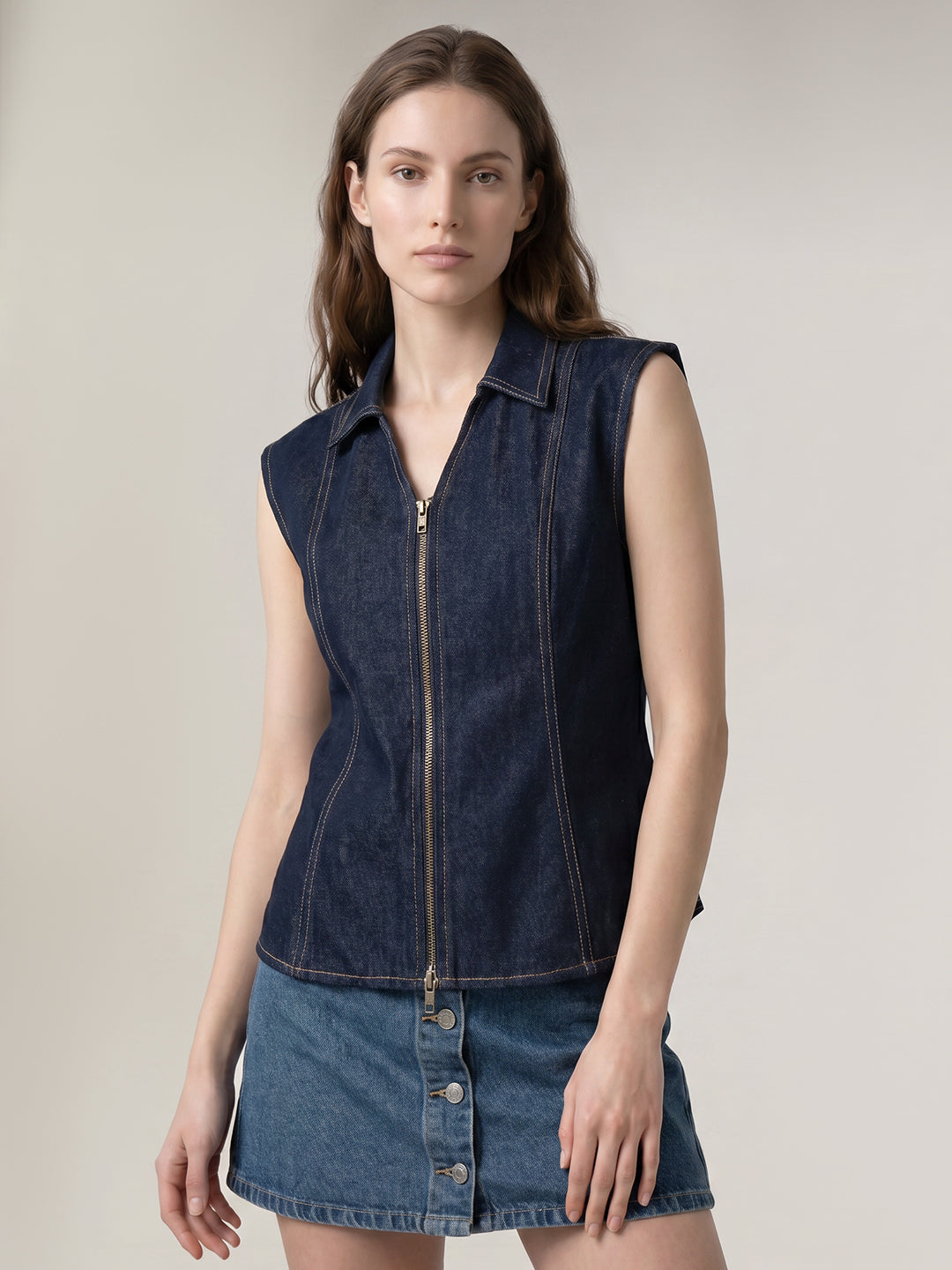 Dark Blue Sleeveless Denim Top