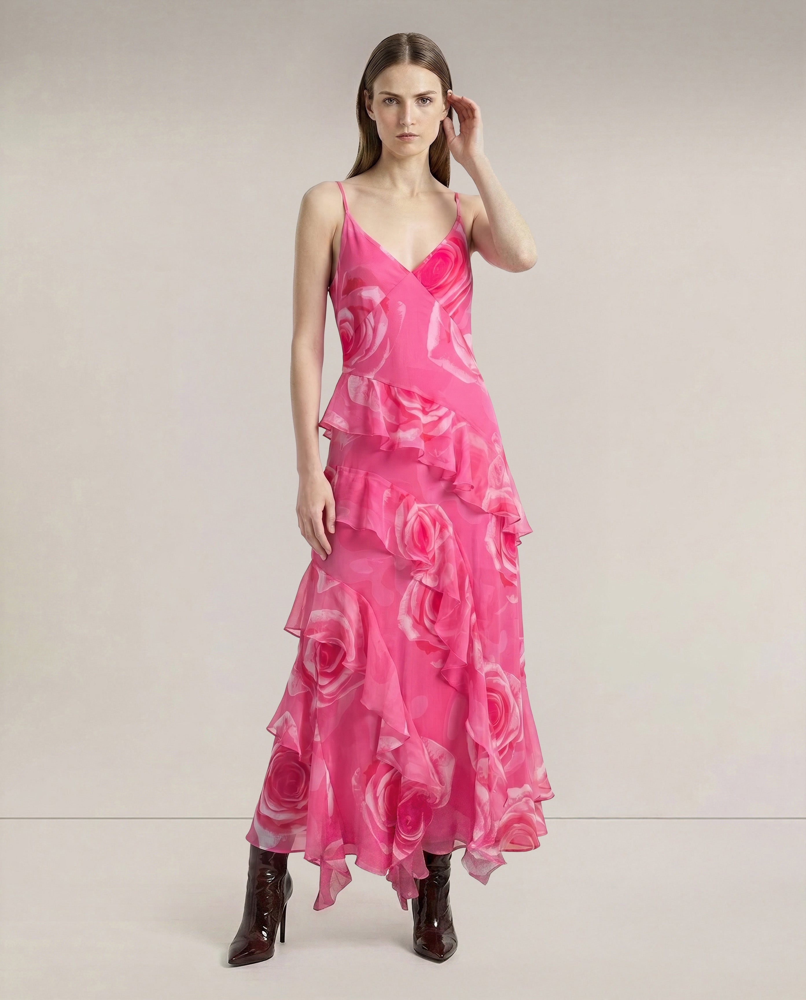 Pink Floral Frill Strappy Dress