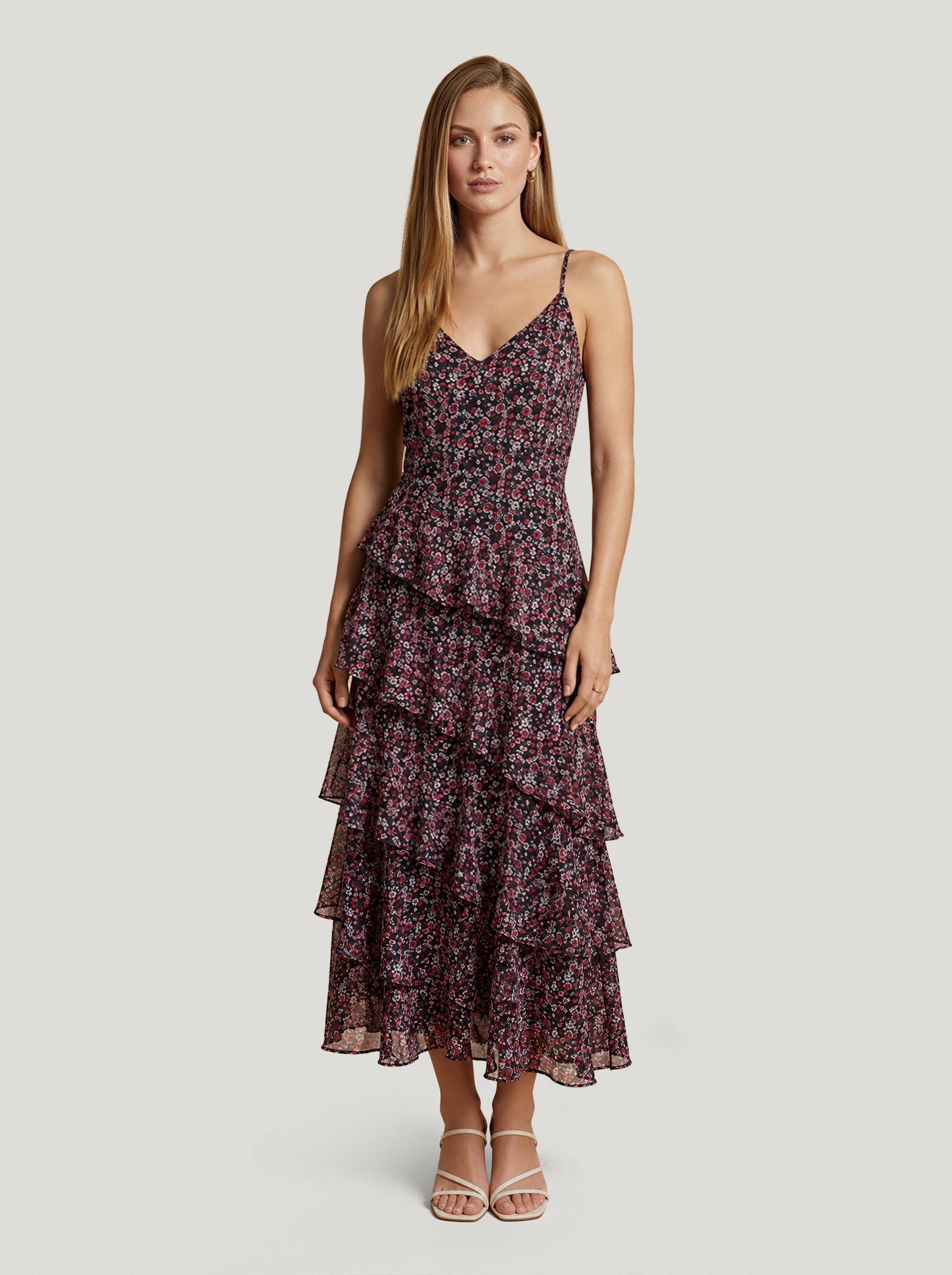 Black Floral Long Frill Dress
