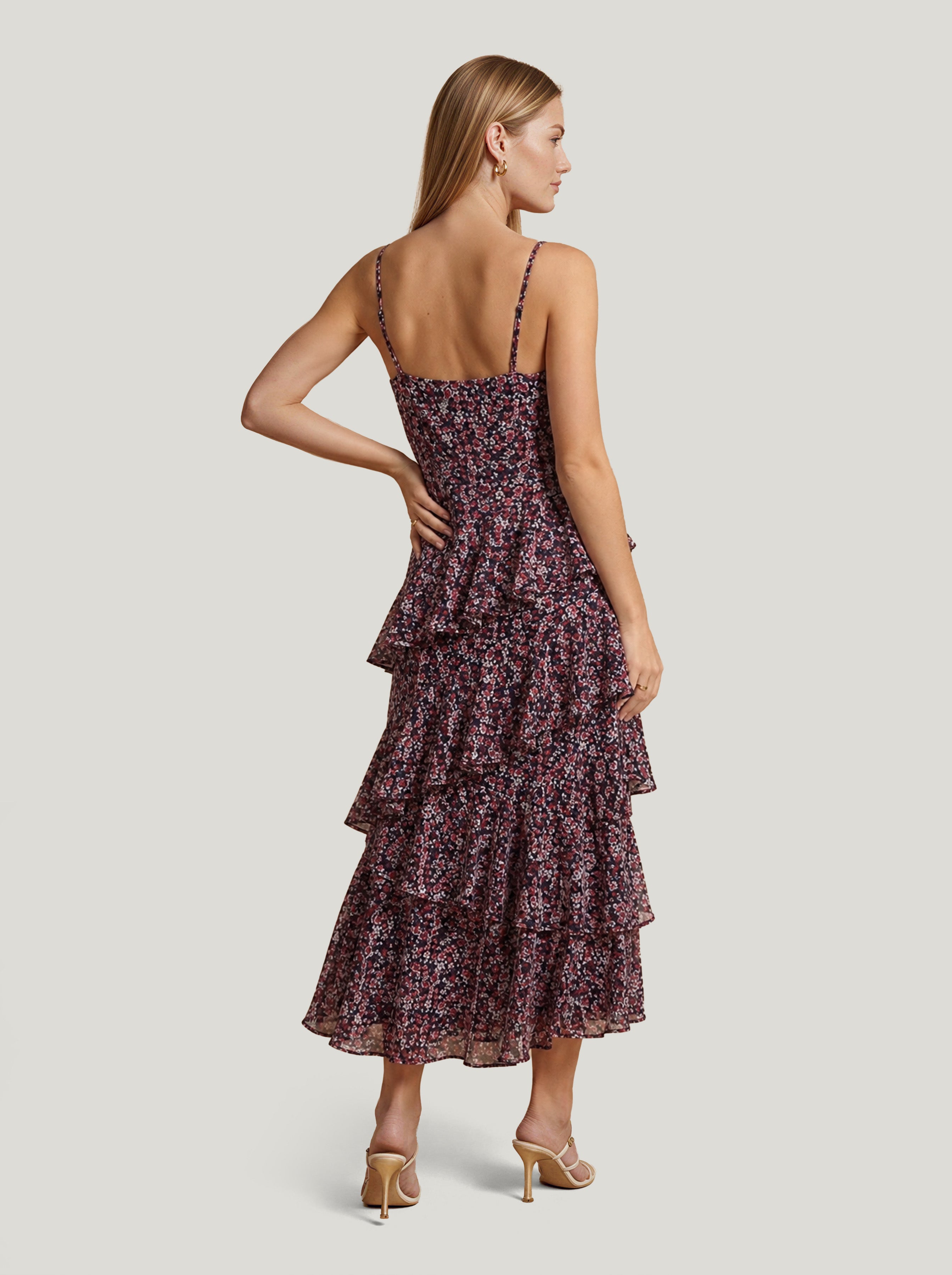 Black Floral Long Frill Dress