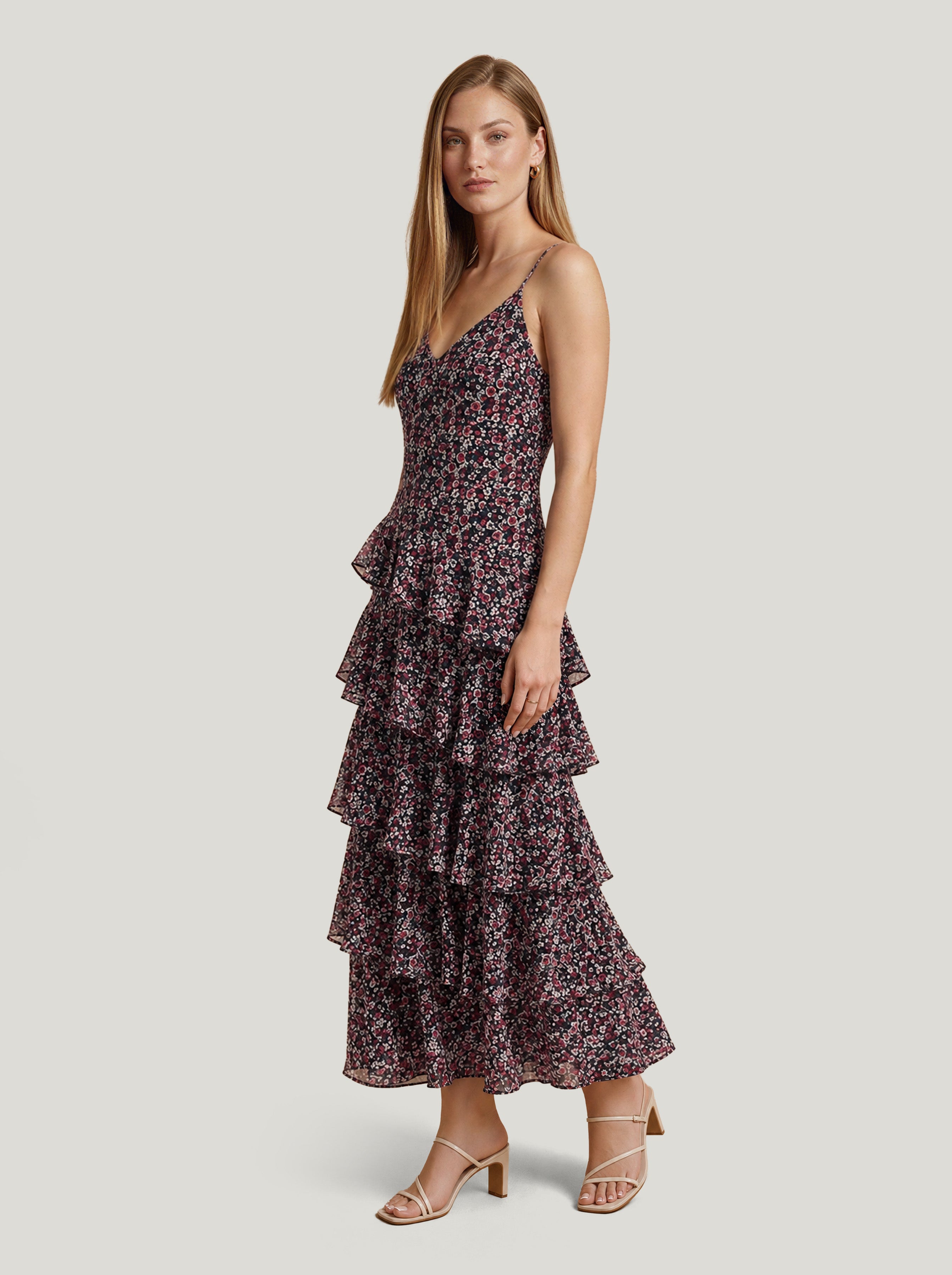 Black Floral Long Frill Dress