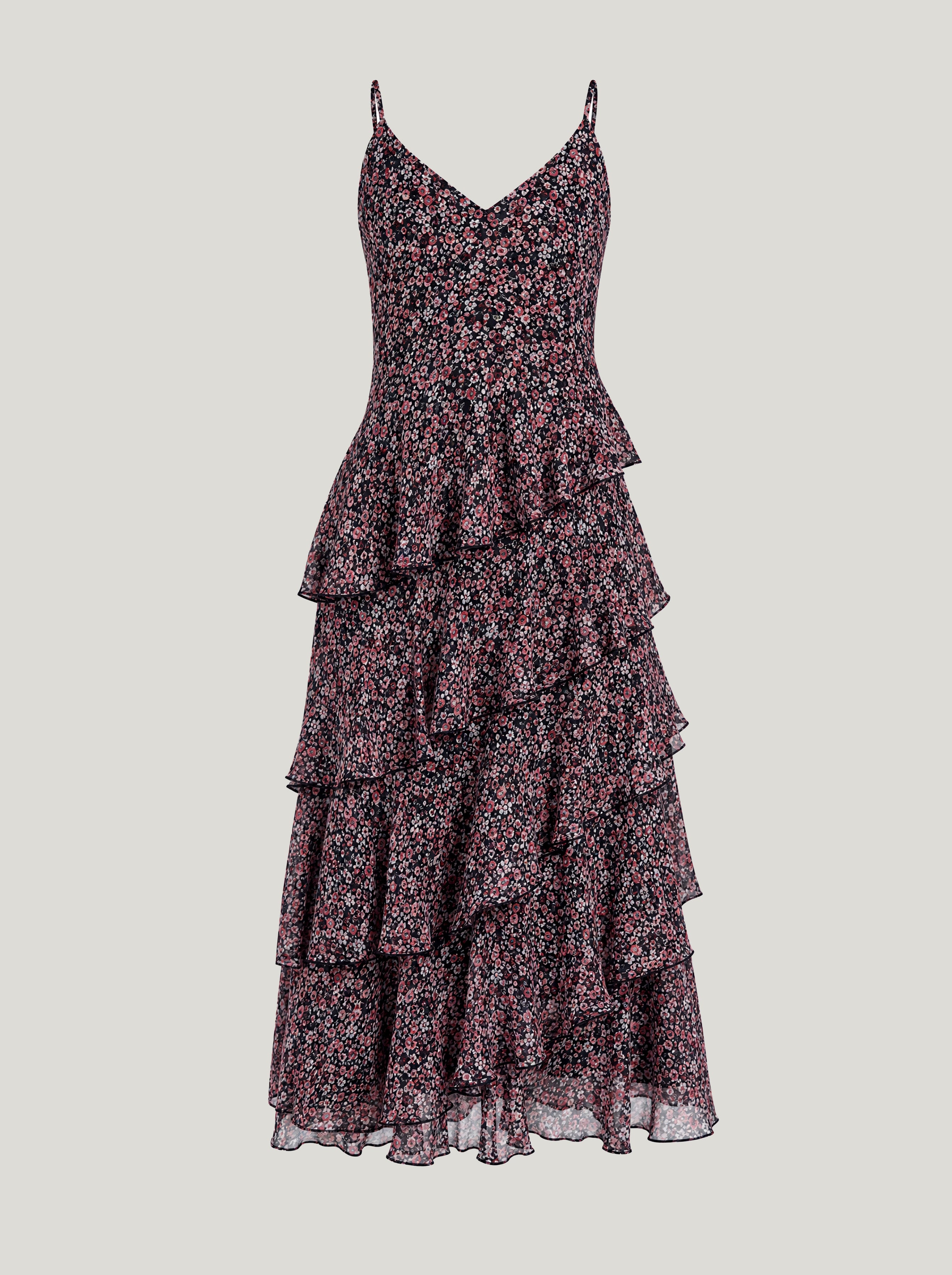 Black Floral Long Frill Dress