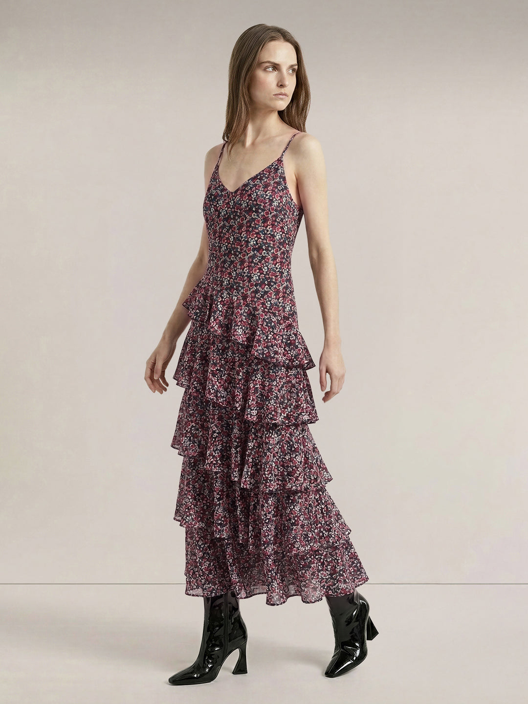 Black Floral Long Frill Dress