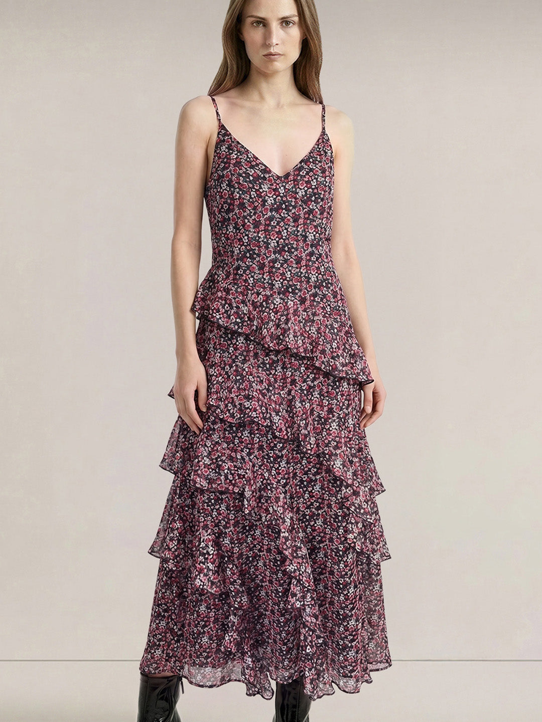 Black Floral Long Frill Dress