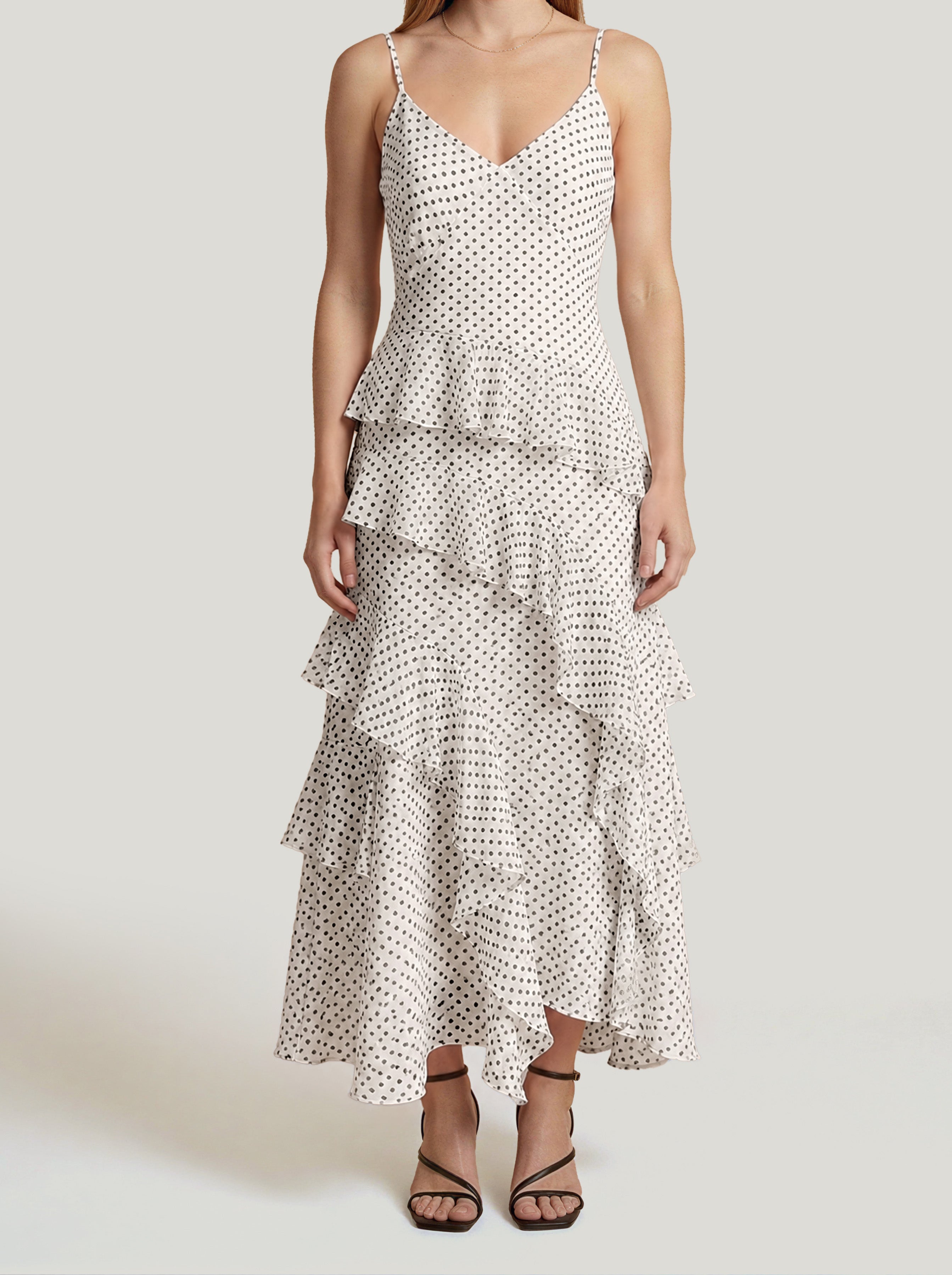 White Printed Long Frill Dress