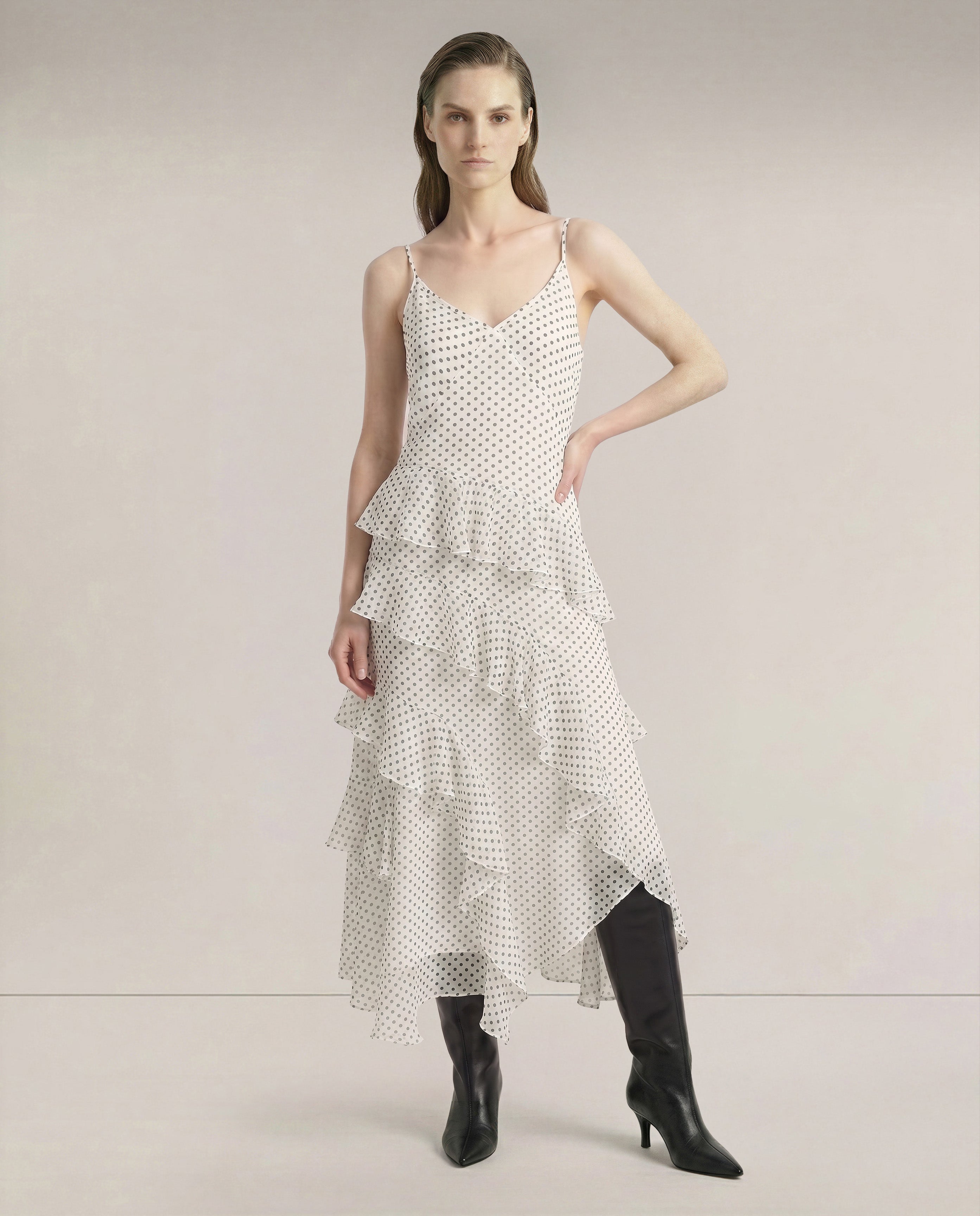 White Printed Long Frill Dress