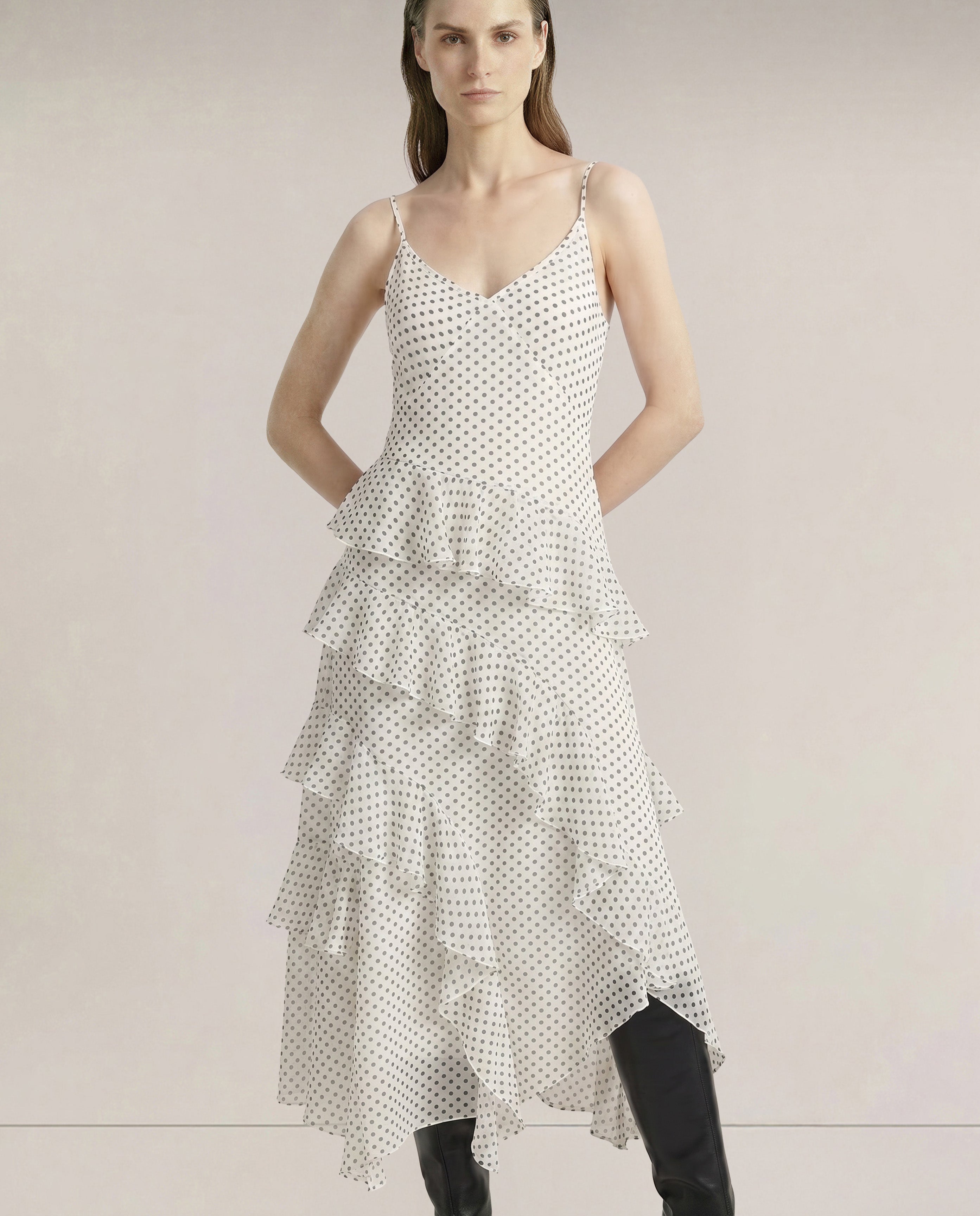 White Printed Long Frill Dress