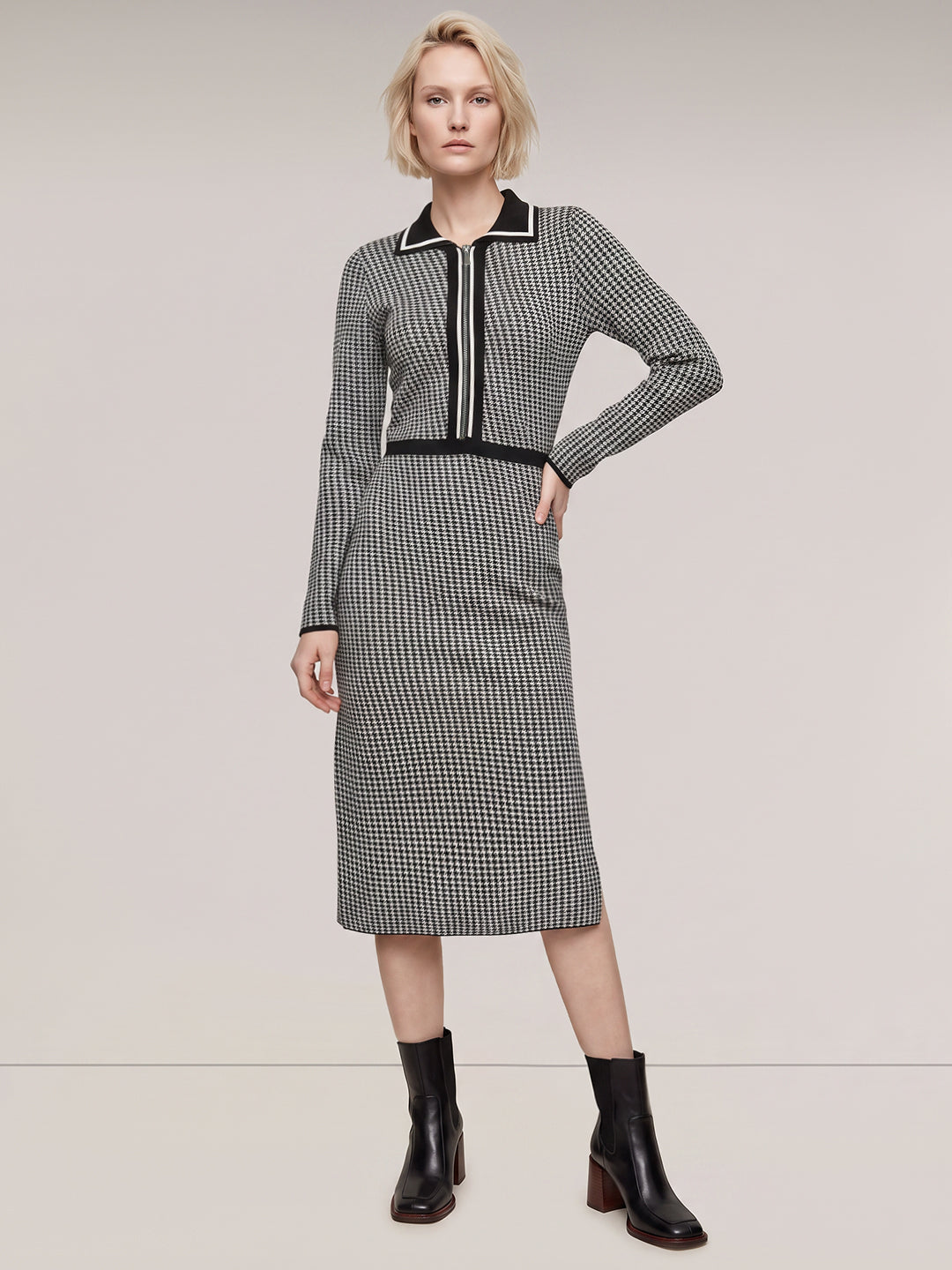 Houndstooth Knit Midi Dress