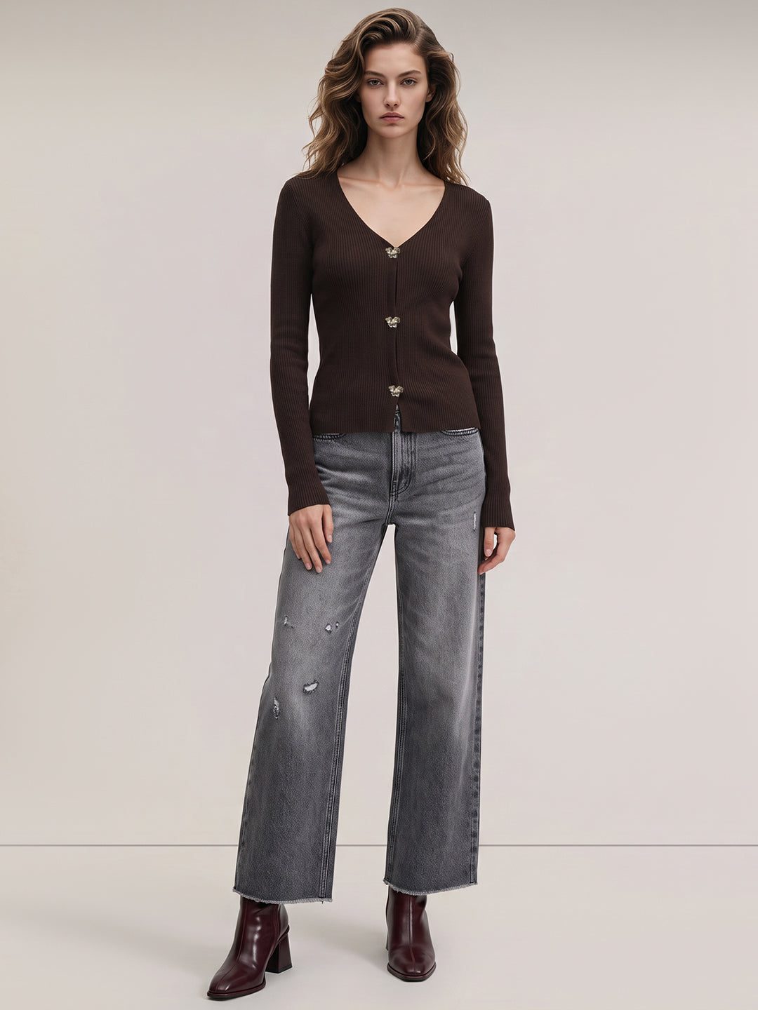 Dark Brown V-Neck Top