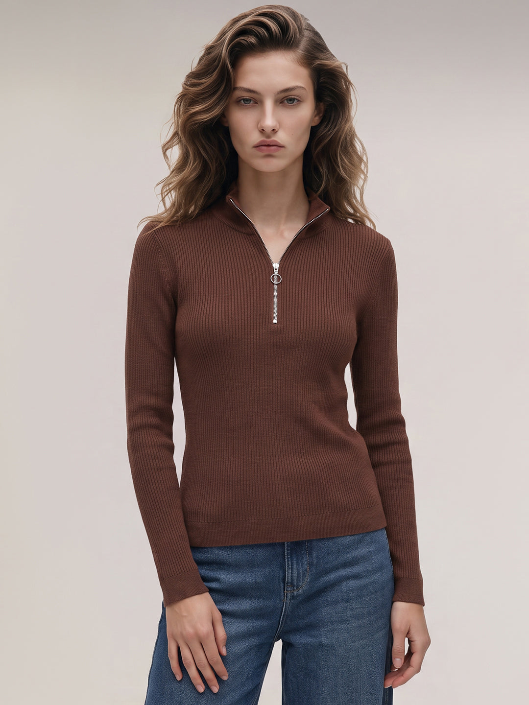 Dark Brown Ribbed Knit Top