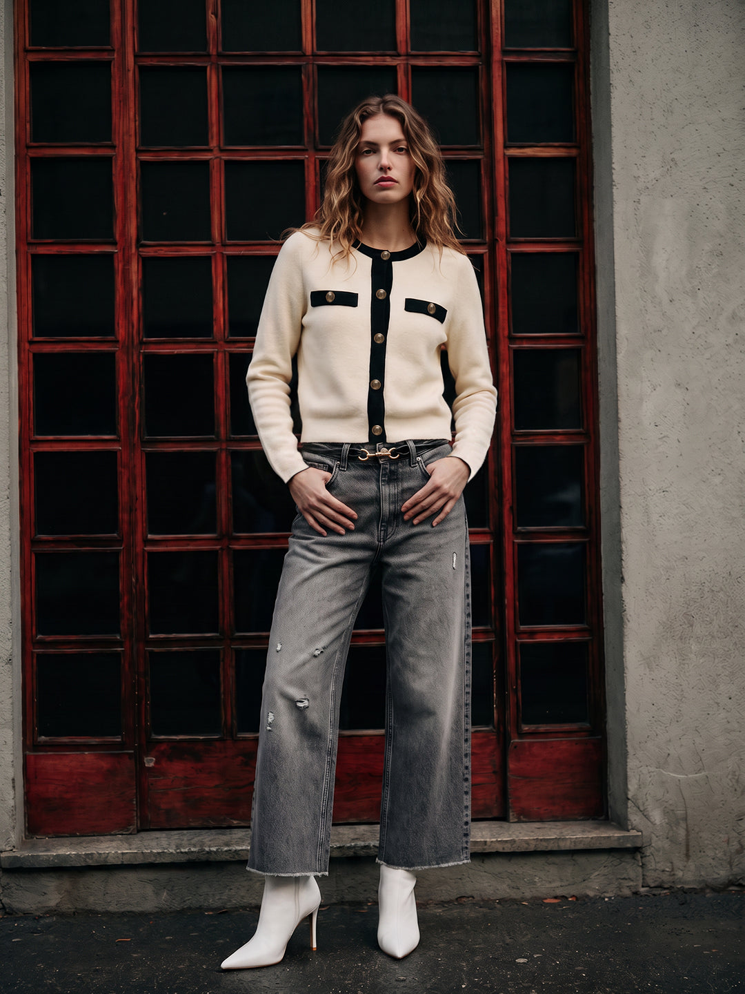 White contrast-trim cardigan