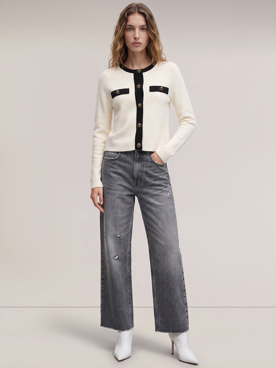 White contrast-trim cardigan