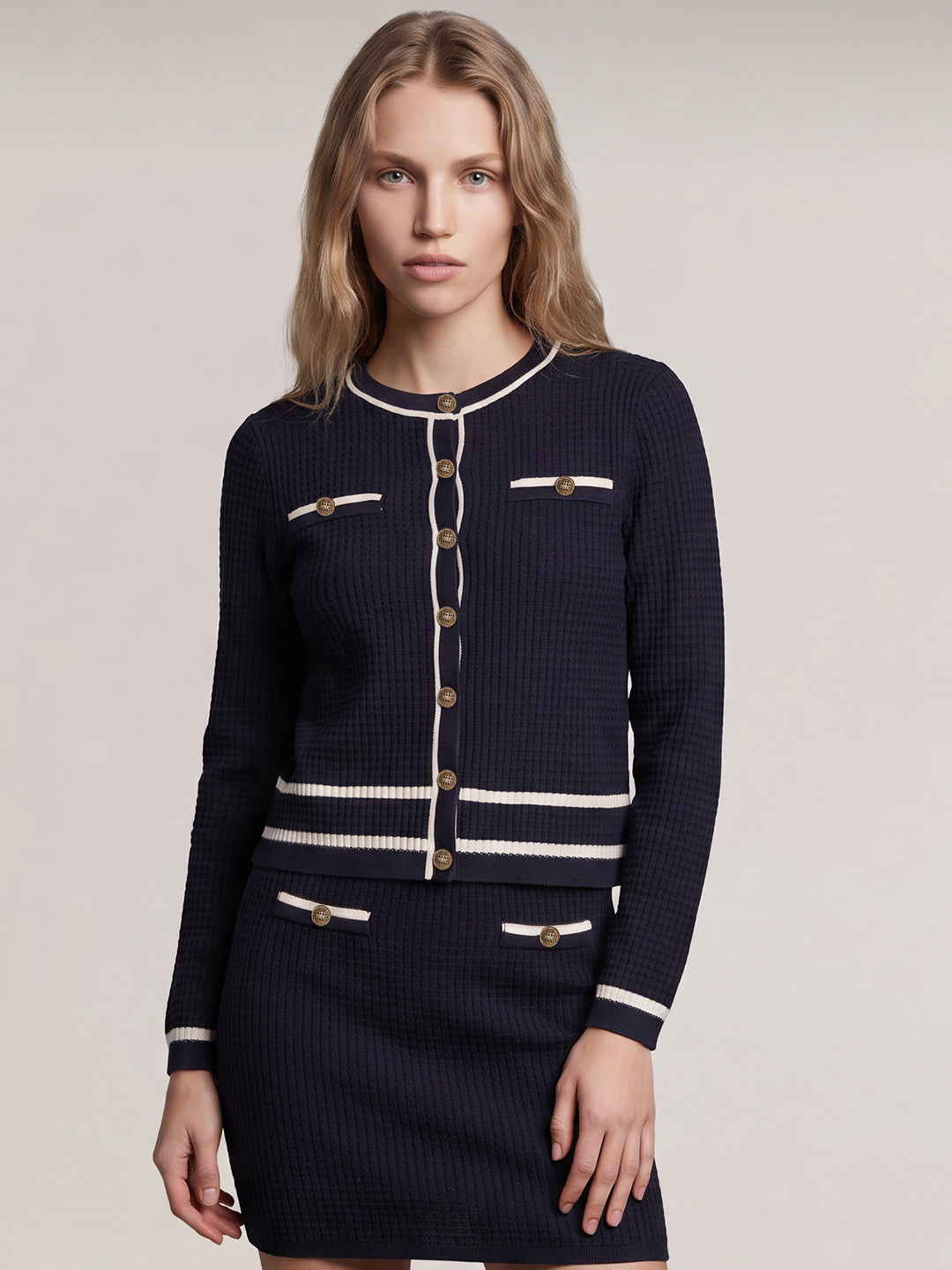 Ribbed Knit Contrast Trim Cardigan
