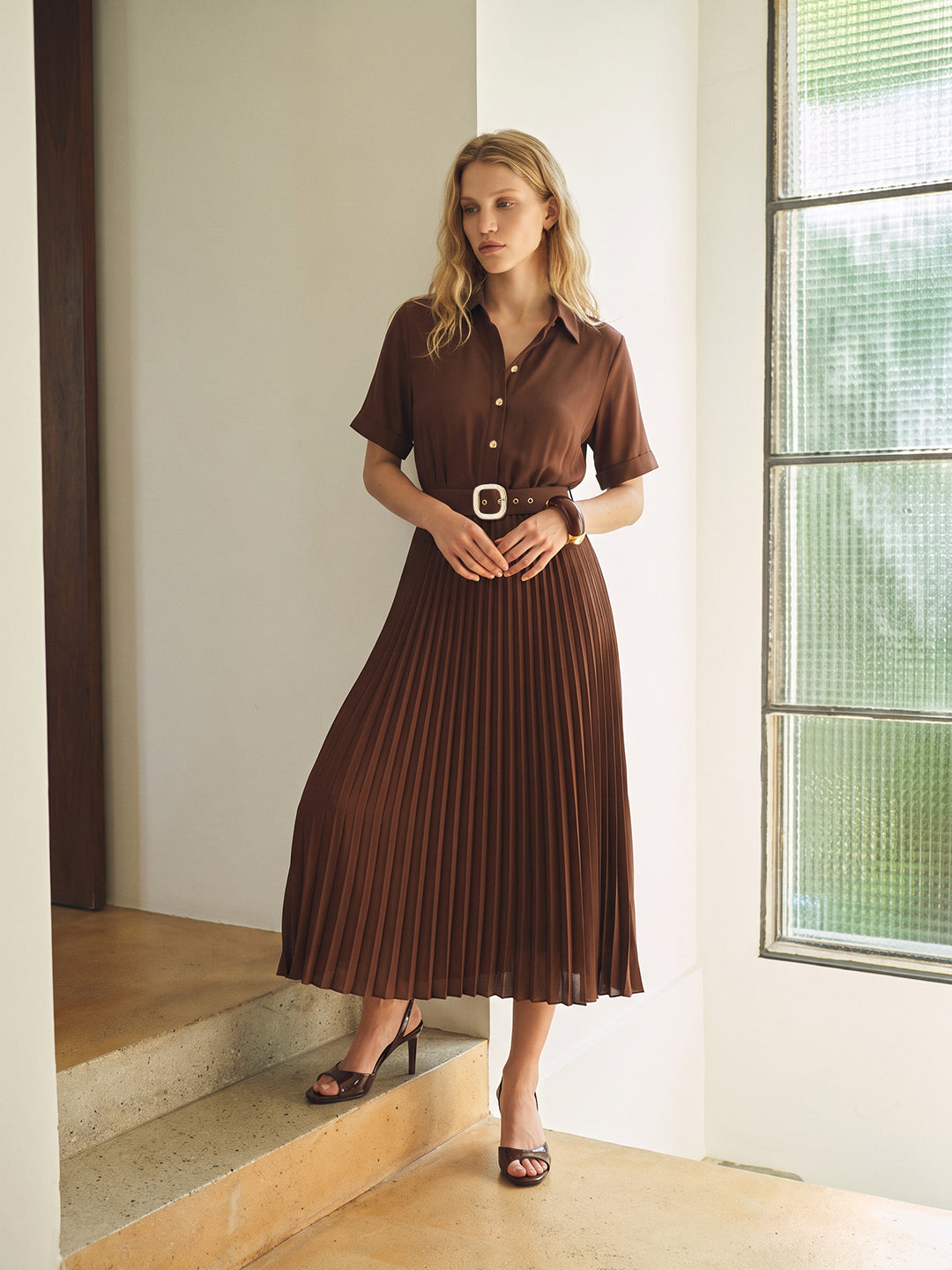Dark Brown Pleated Shirt Dress
