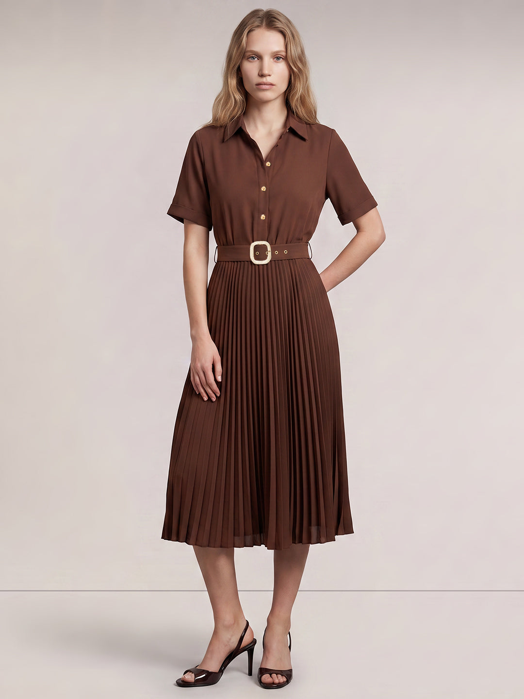 Dark Brown Pleated Shirt Dress