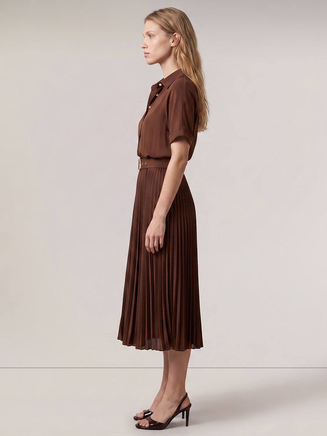 Dark Brown Pleated Shirt Dress