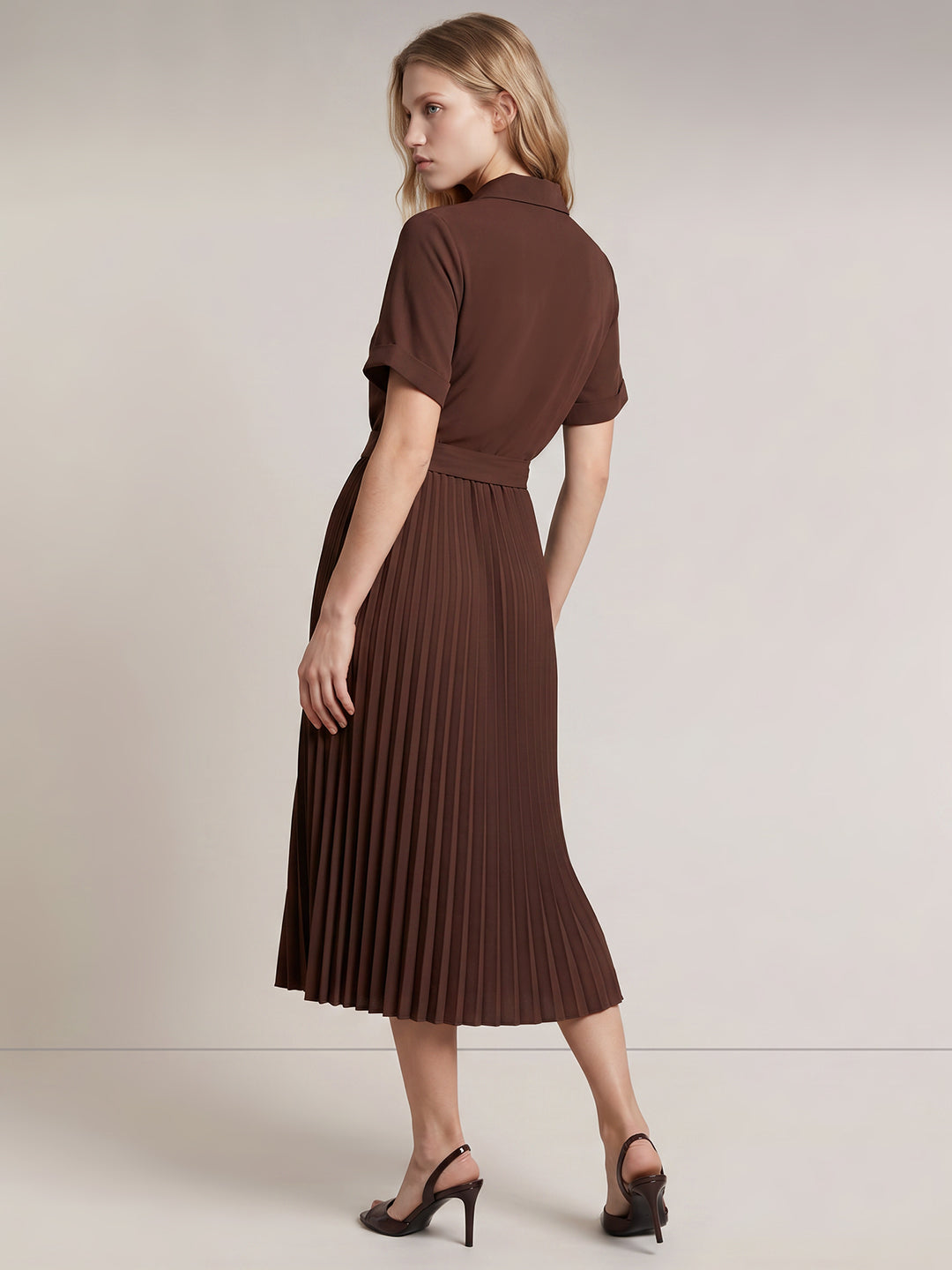 Dark Brown Pleated Shirt Dress