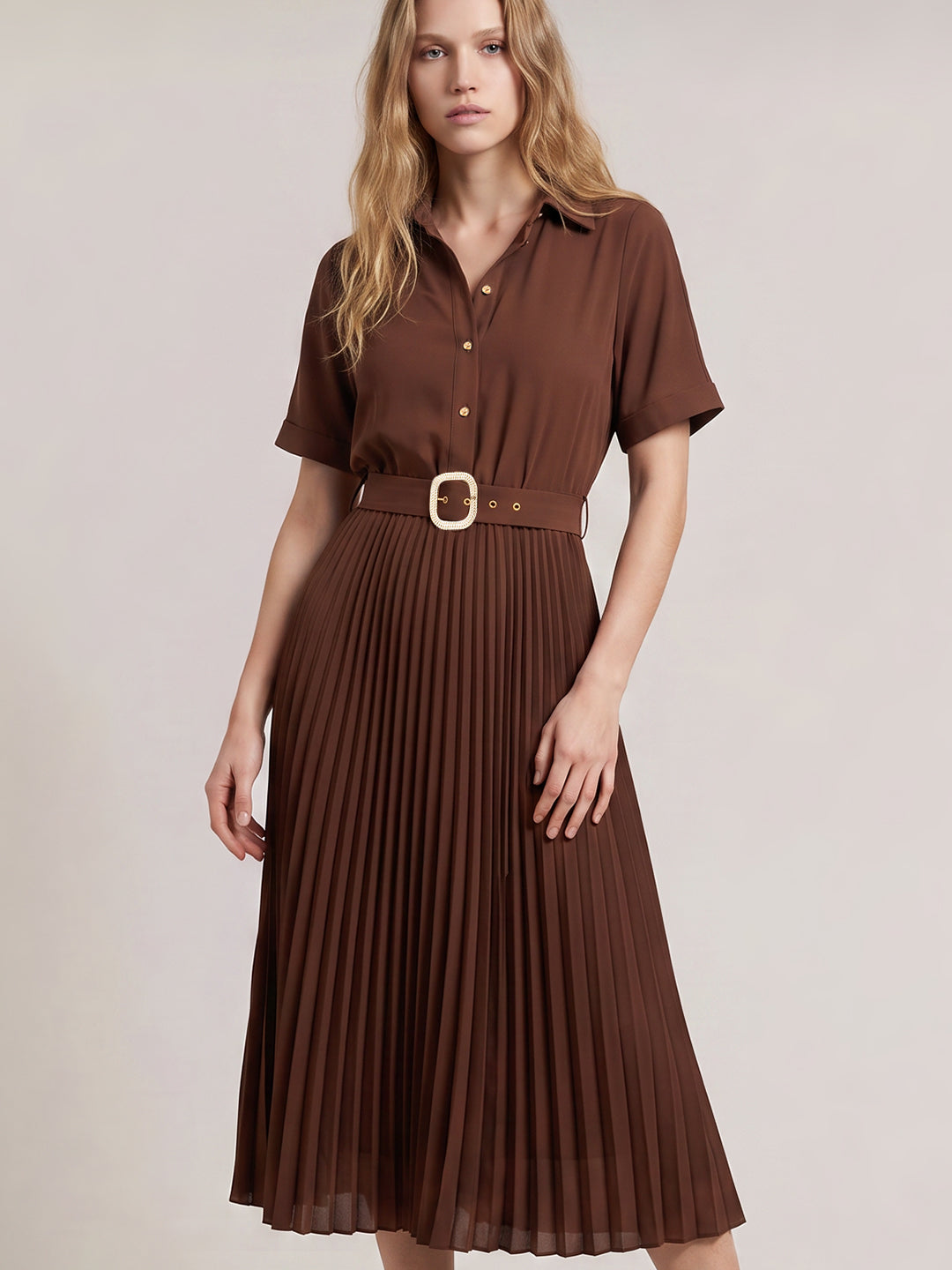 Dark Brown Pleated Shirt Dress