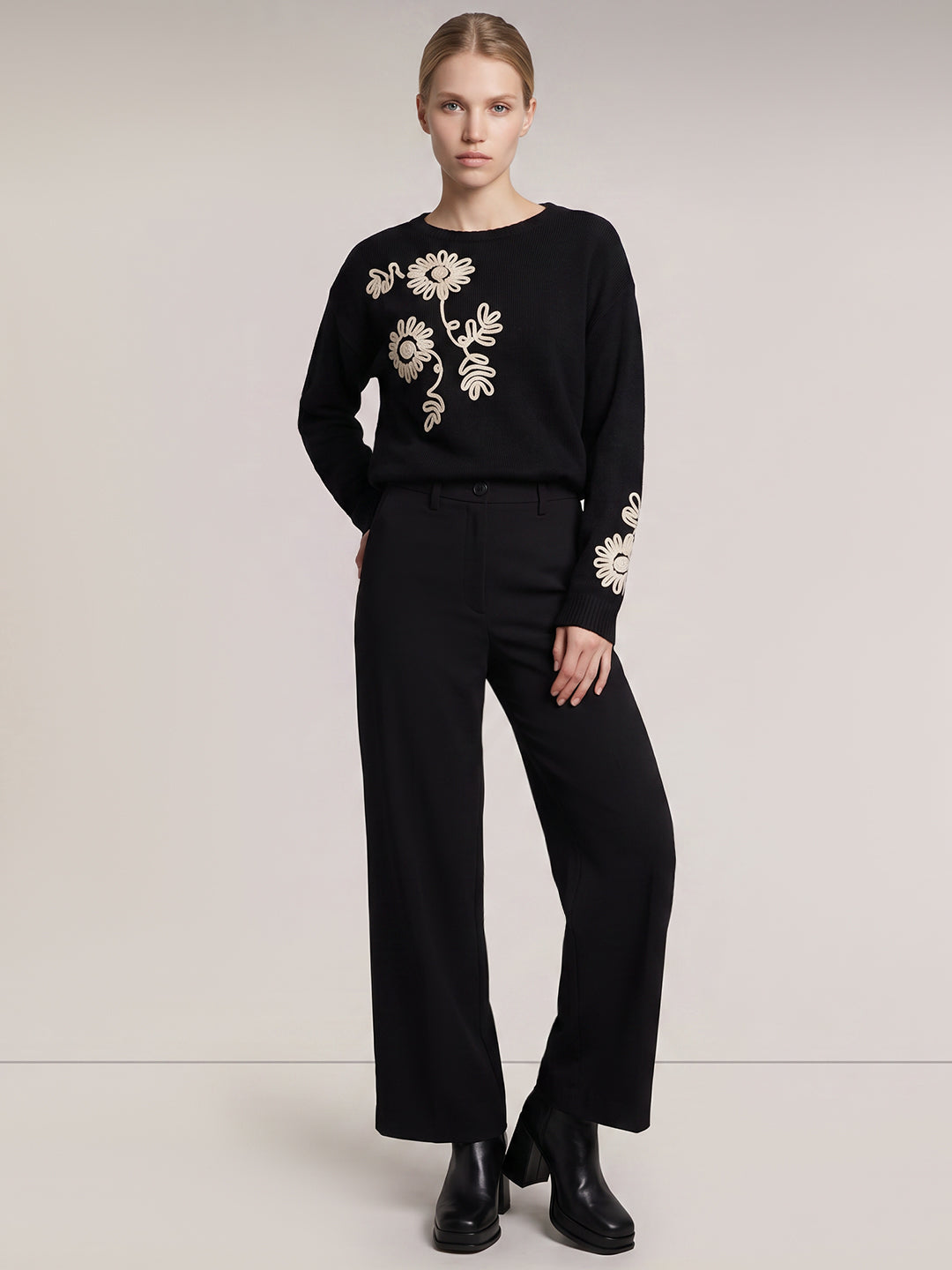 Black Mid Rise Wide Leg Pants