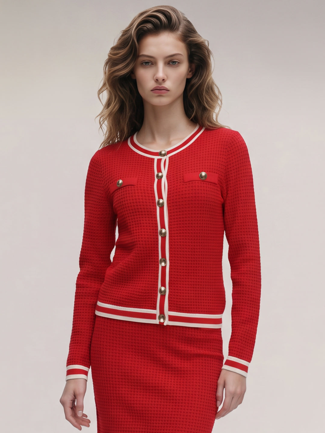 Red button-front cardigan