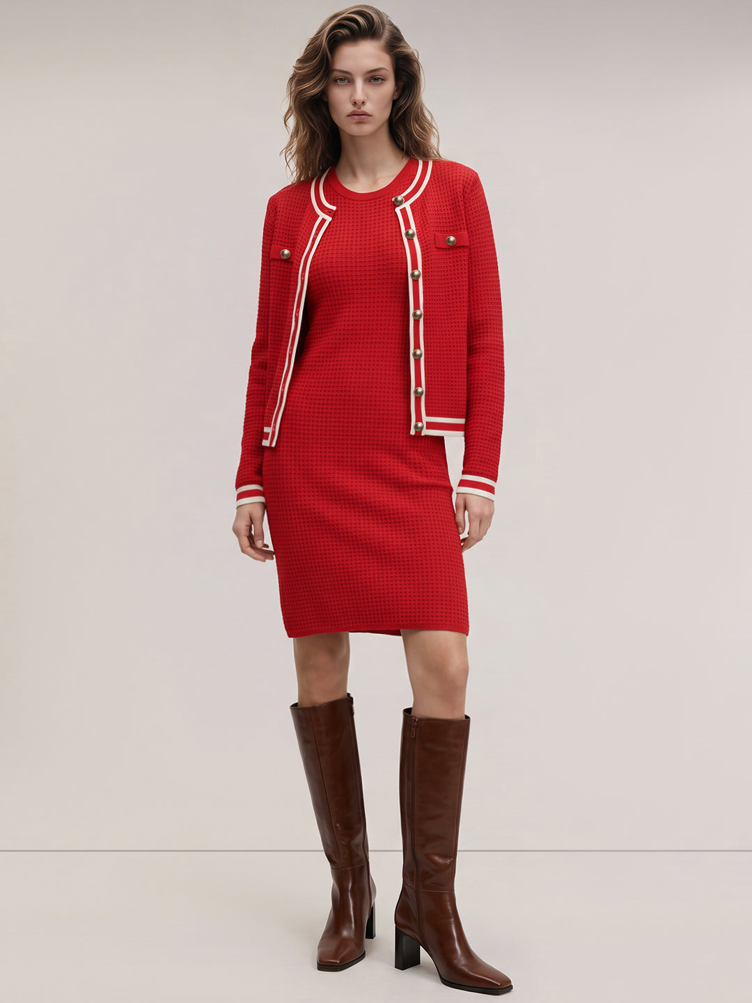 Red button-front cardigan