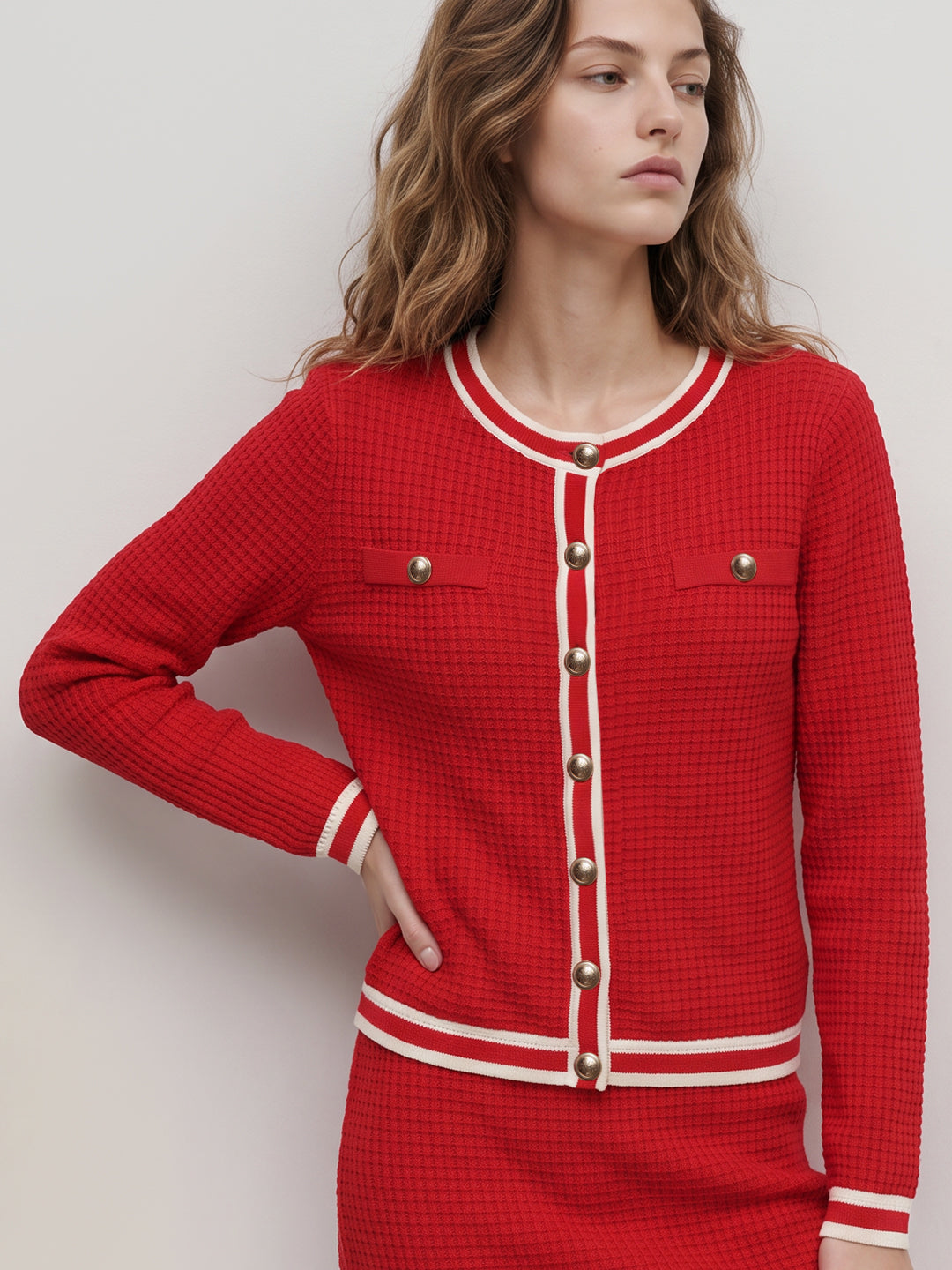 Red button-front cardigan