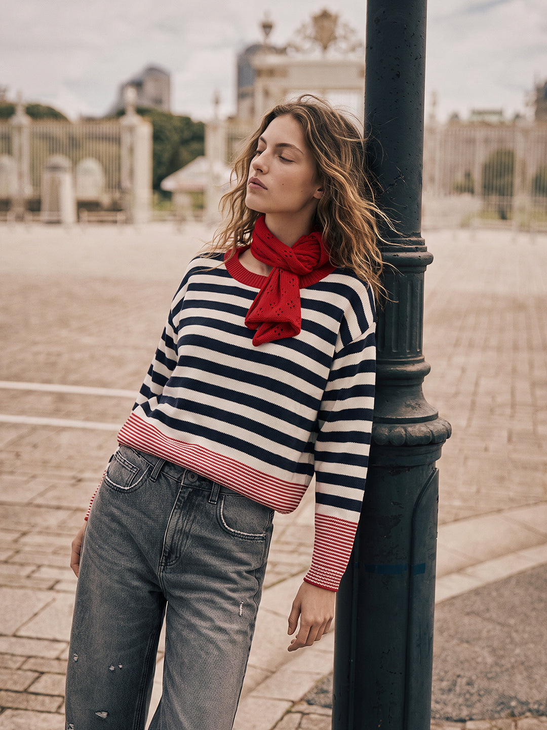 Navy Blue Striped Scarf Pullover