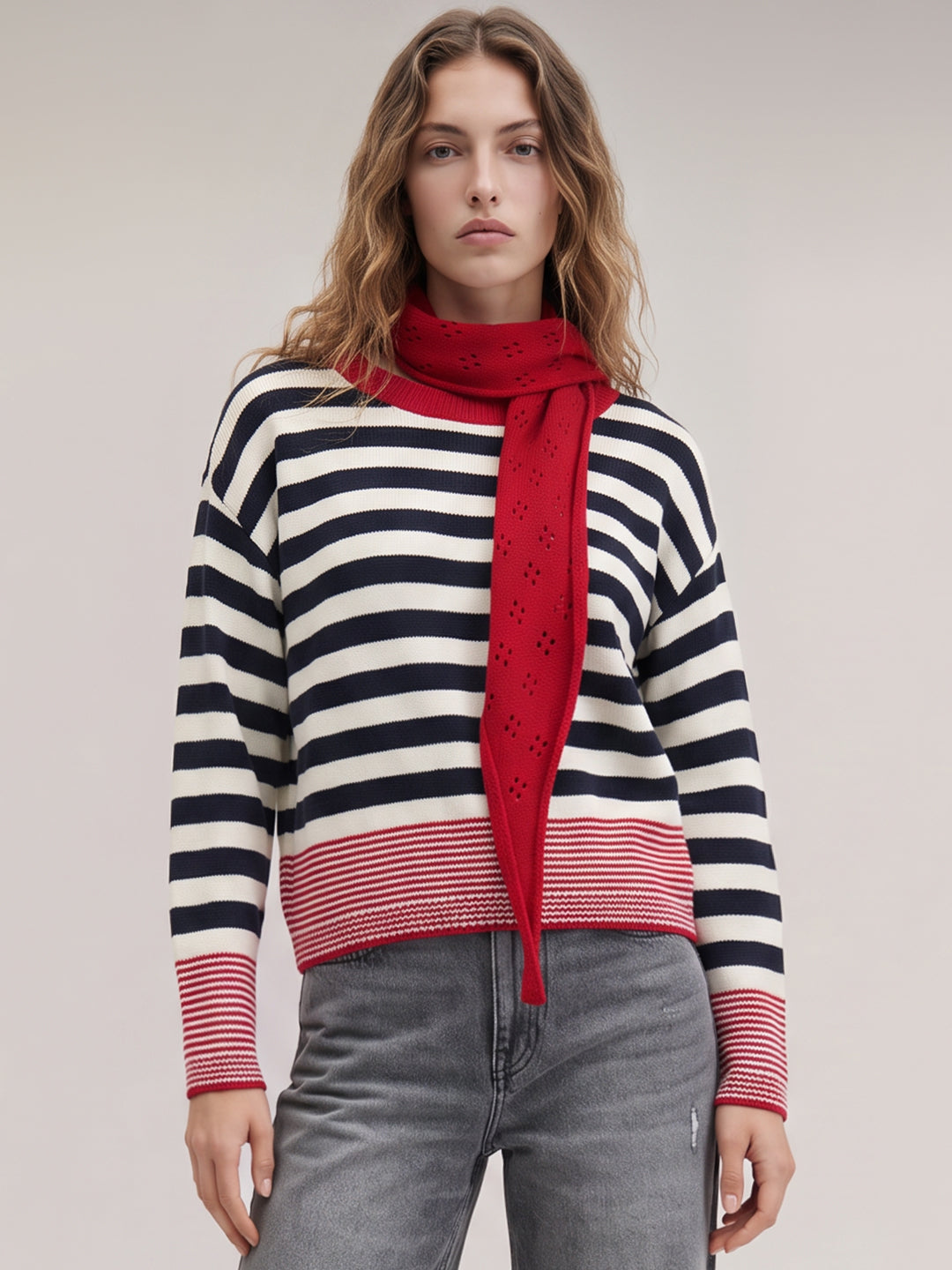 Navy Blue Striped Scarf Pullover