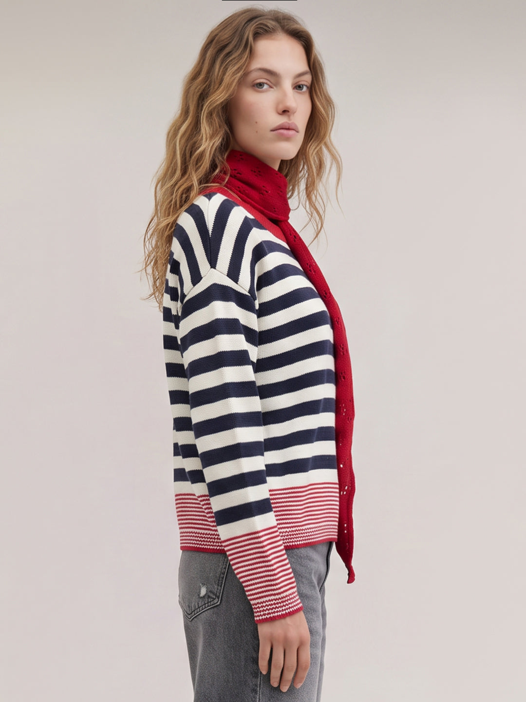 Navy Blue Striped Scarf Pullover