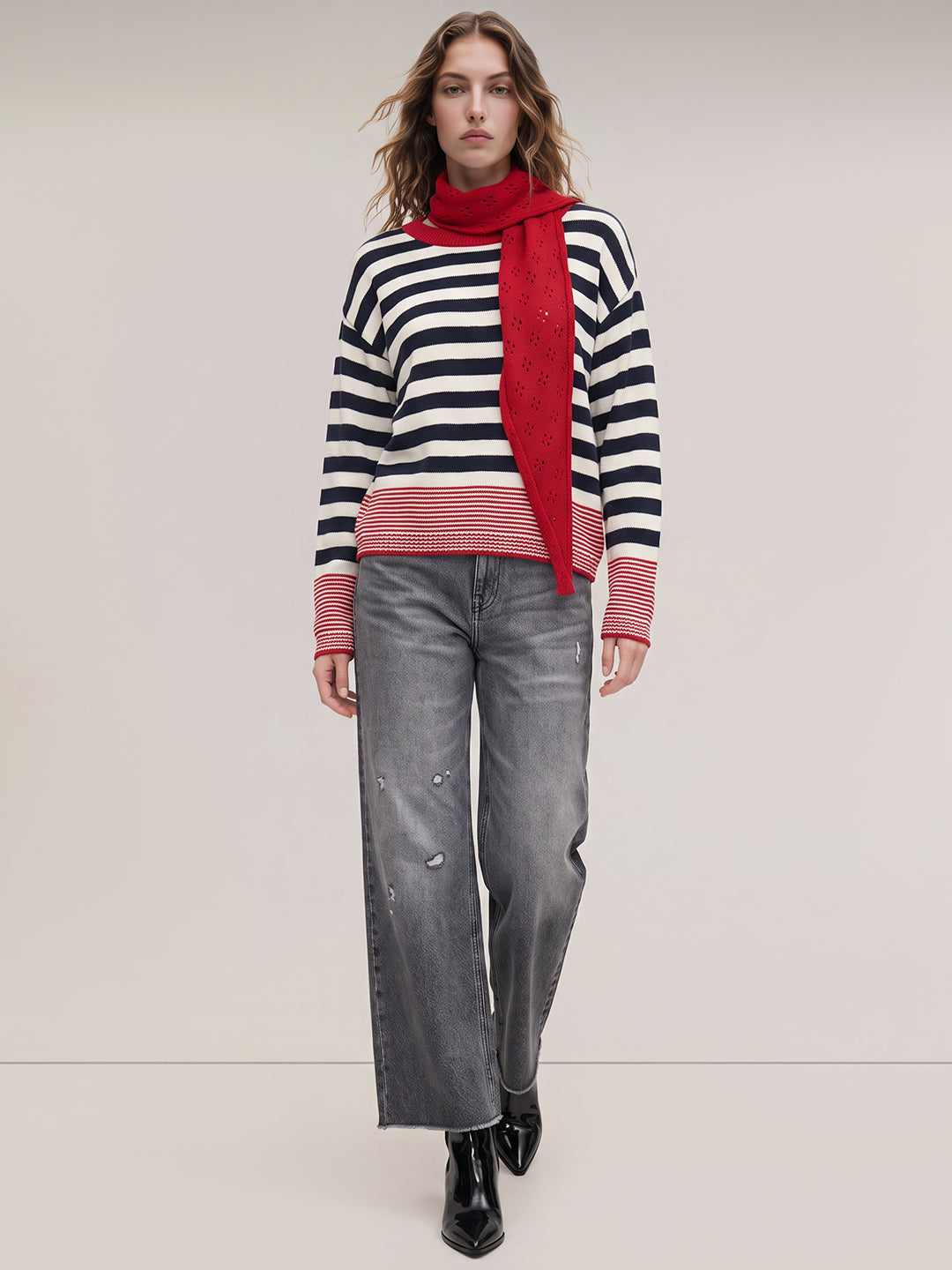 Navy Blue Striped Scarf Pullover