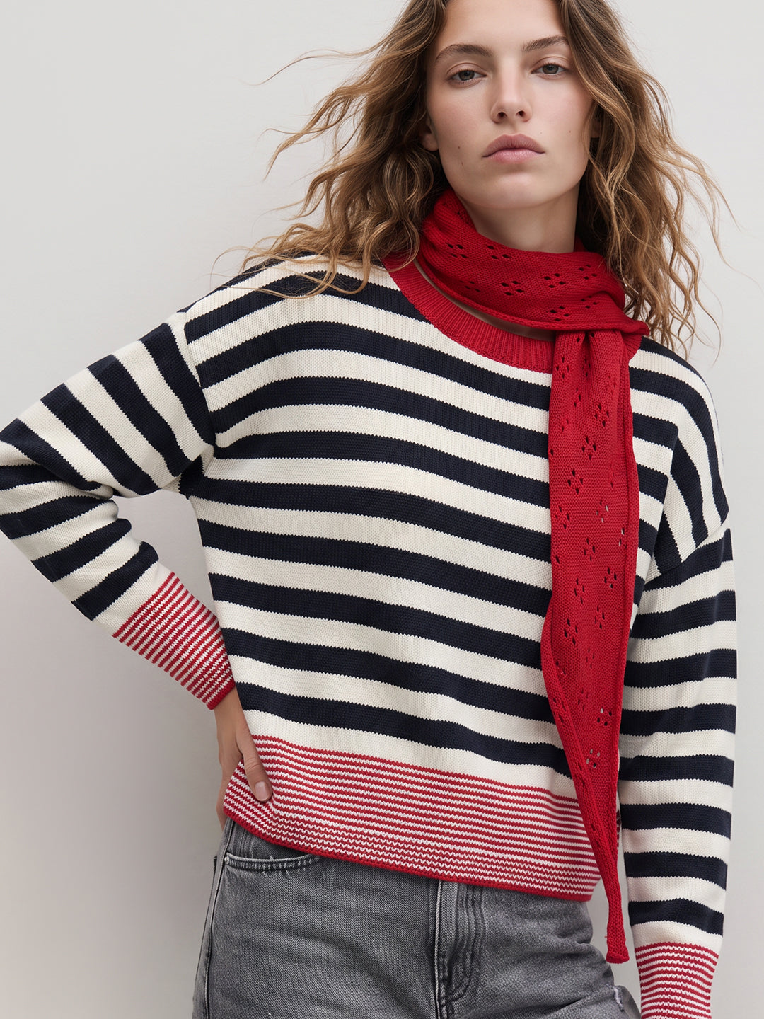 Navy Blue Striped Scarf Pullover
